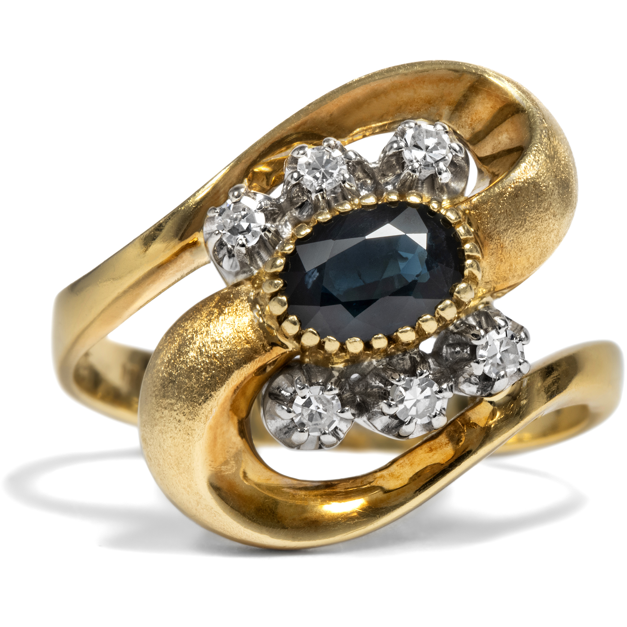 Dynamischer vintage Ring mit Saphir & Diamanten in Gold, USA um 1970