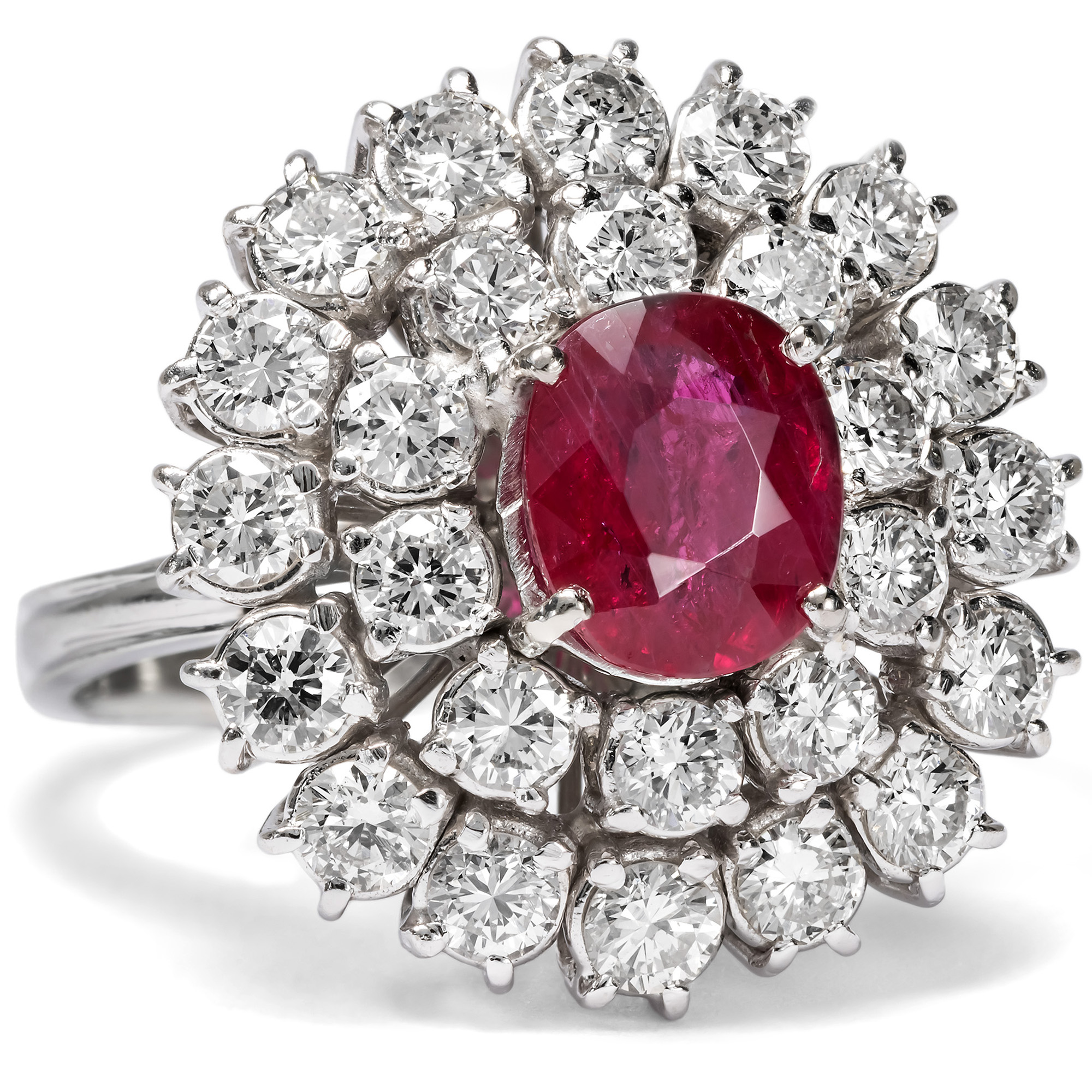 Large White Gold Entourage Ring with Ruby & Diamonds, c. 1980