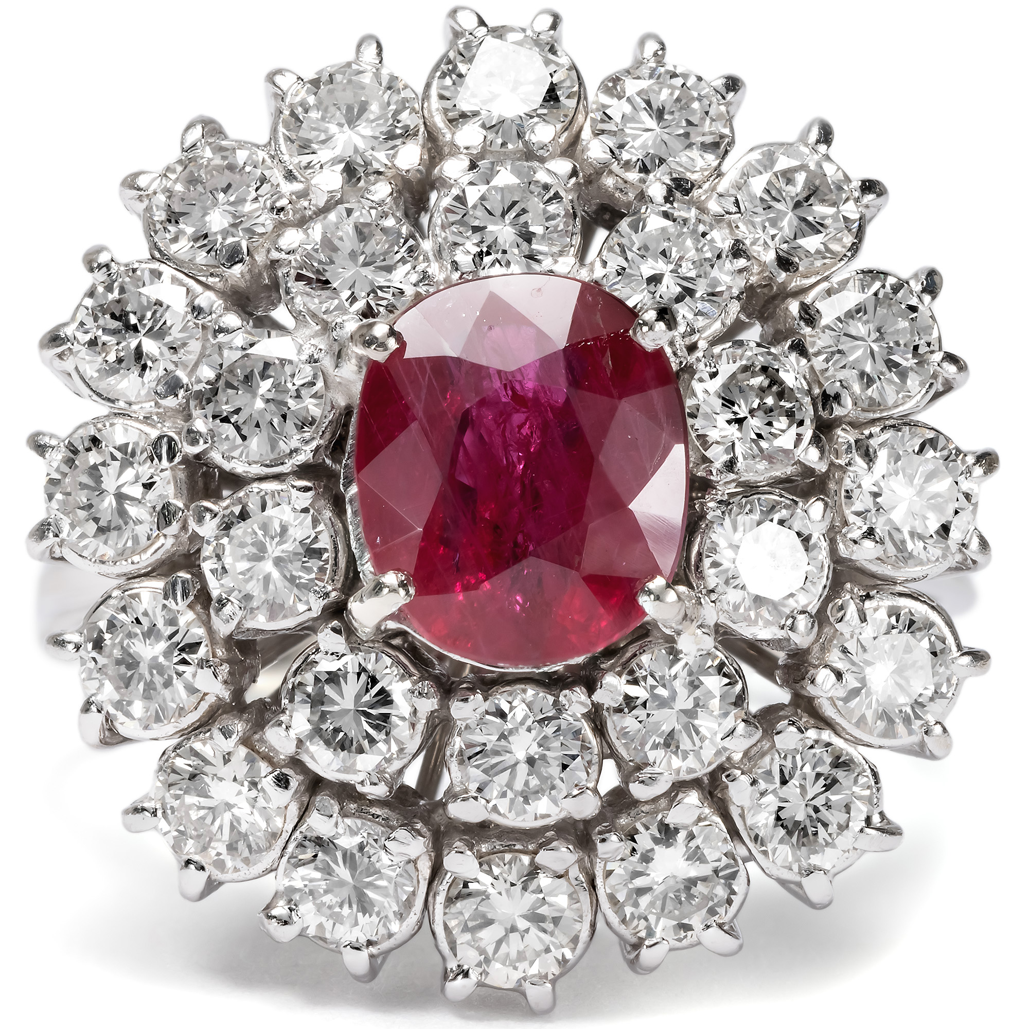 Large White Gold Entourage Ring with Ruby & Diamonds, c. 1980