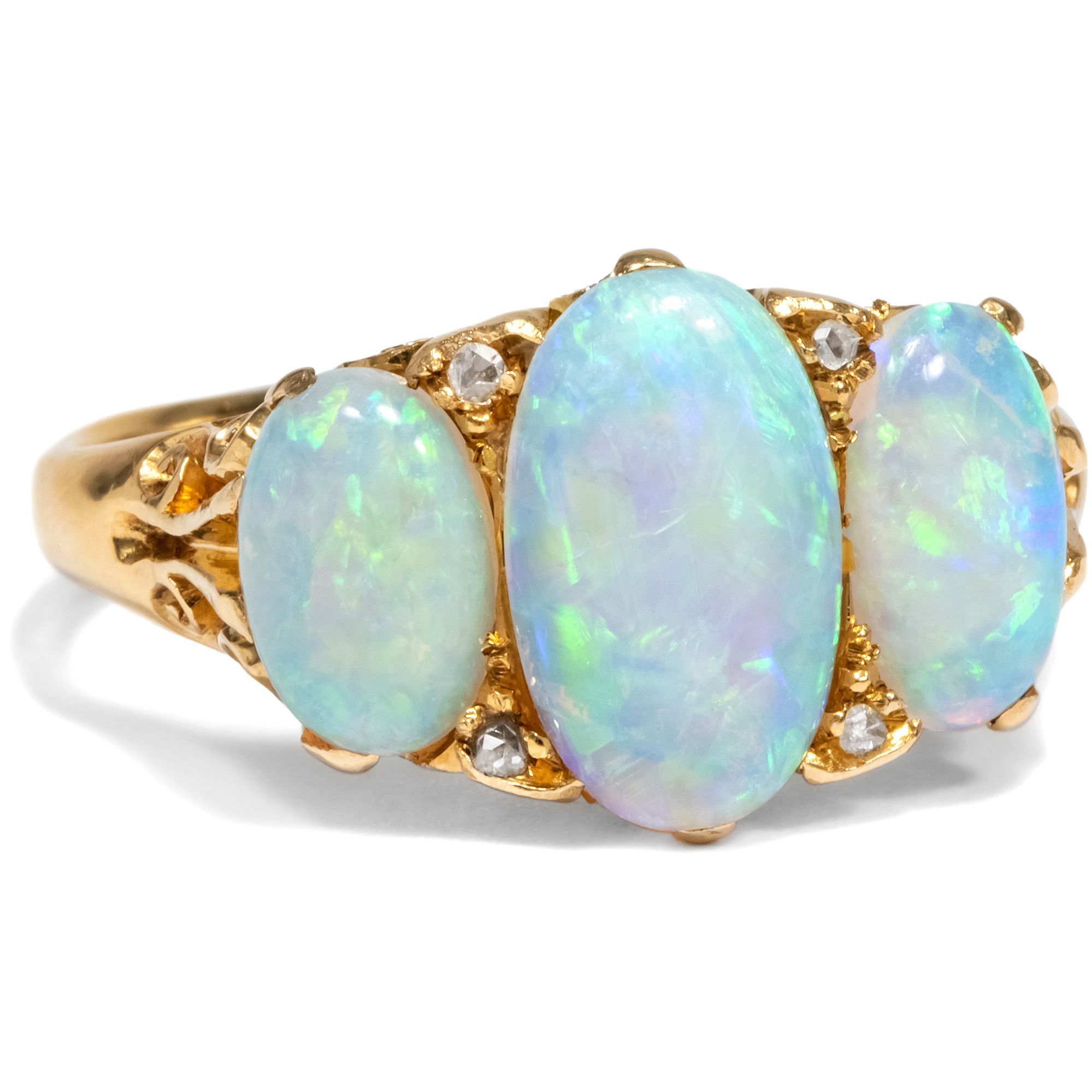 Precious Ring with Australian Opals & Diamonds in Gold, England c. 1900