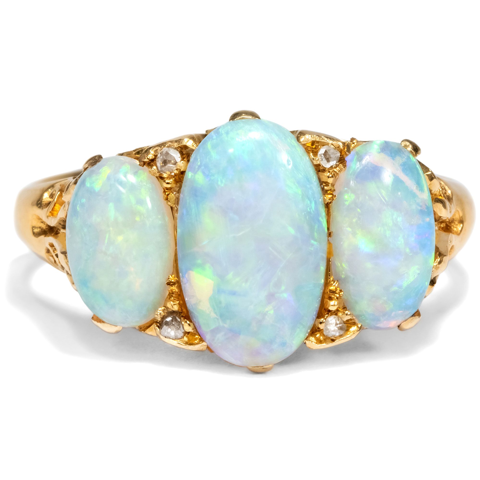 Precious Ring with Australian Opals & Diamonds in Gold, England c. 1900