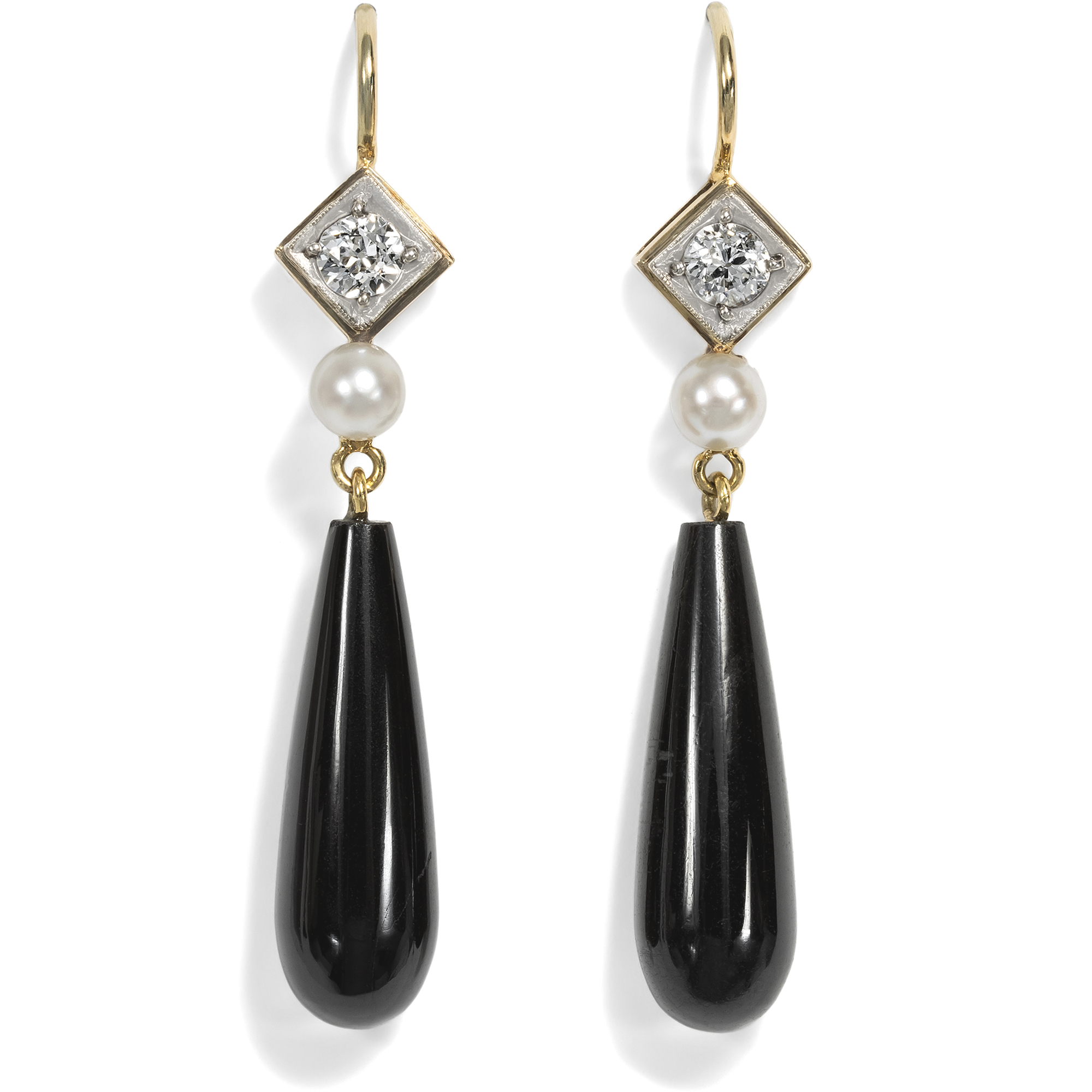 Black Tourmaline Earrings with Antique Diamond and Pearl Elements, c. 1900/2023