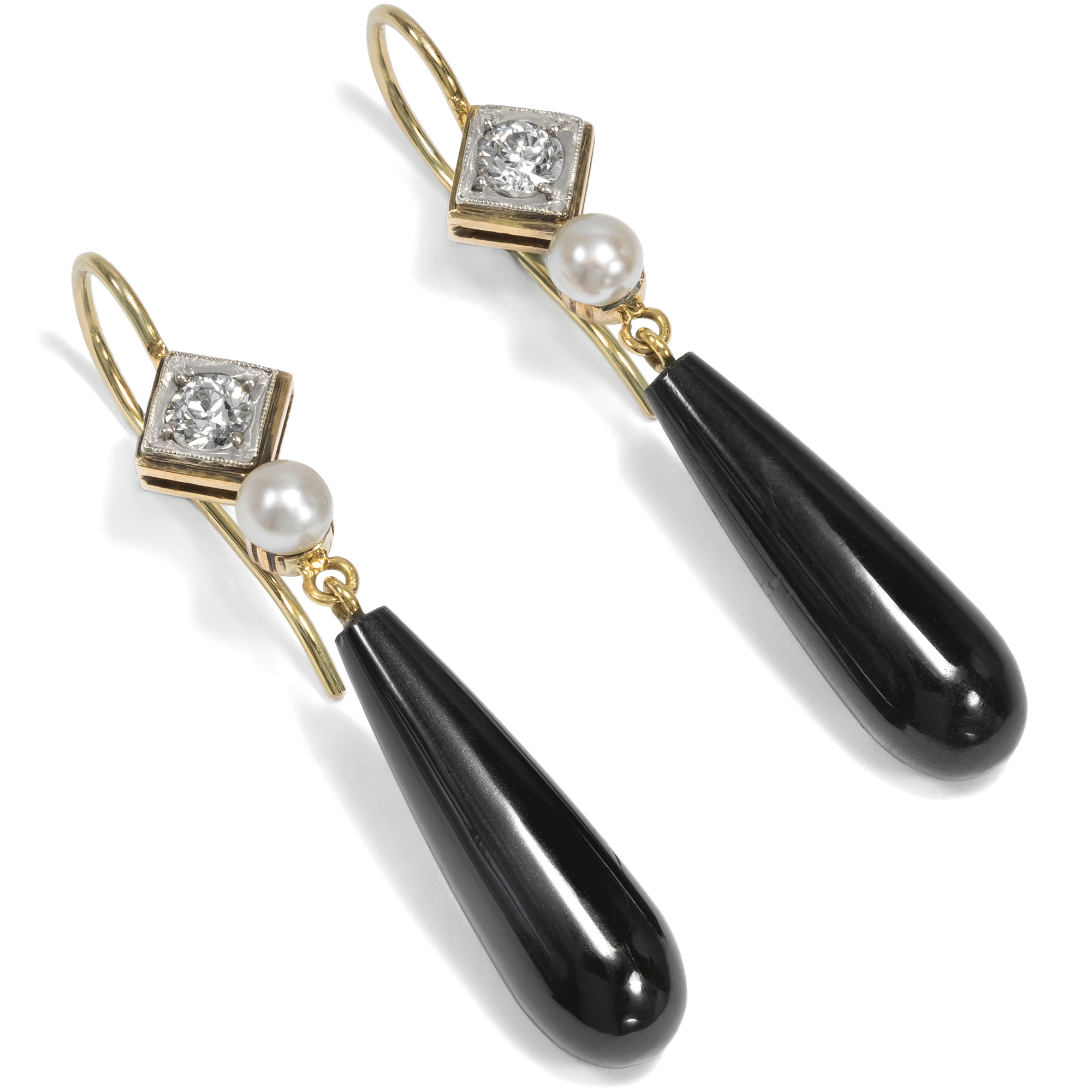 Black Tourmaline Earrings with Antique Diamond and Pearl Elements, c. 1900/2023