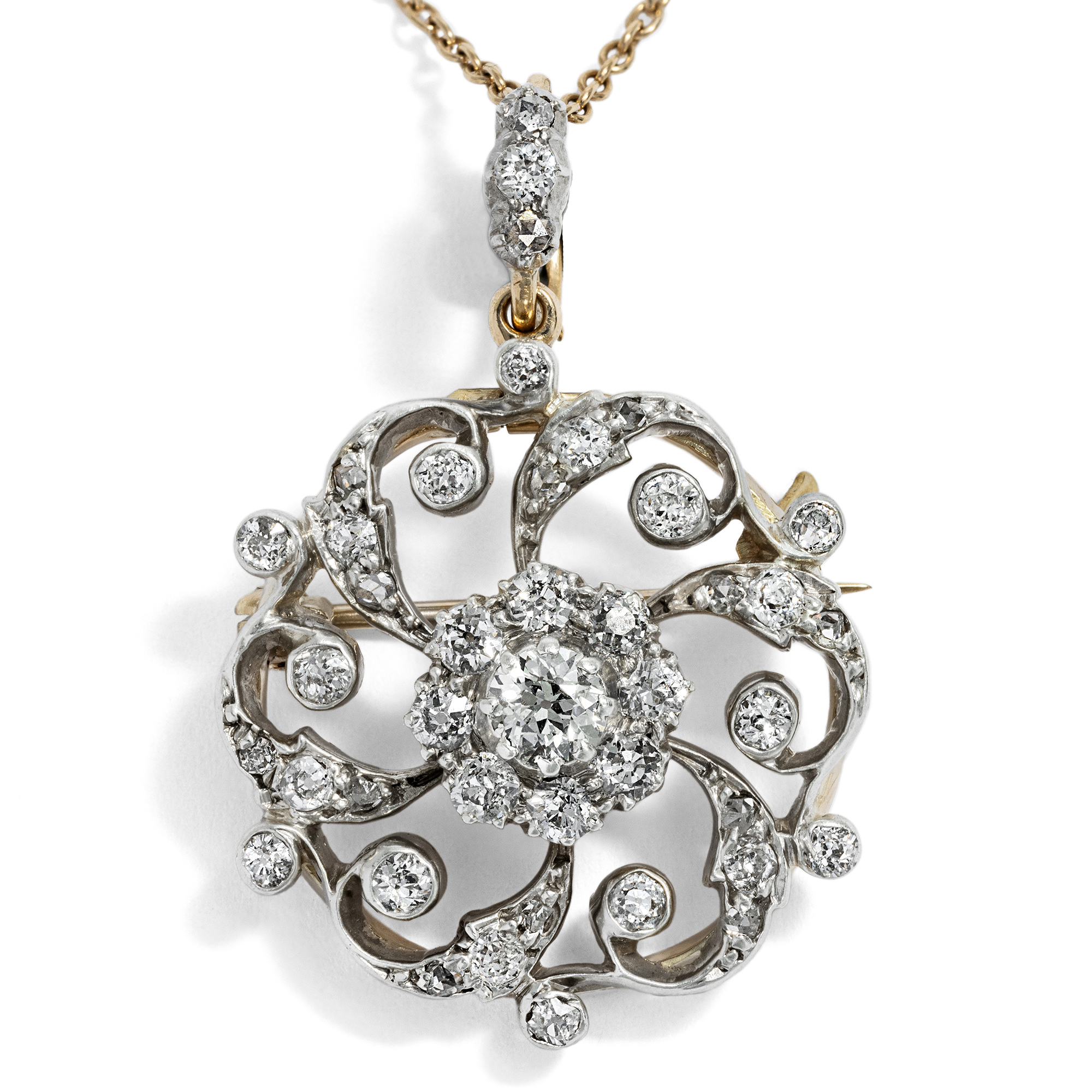 Antique Pendant/Brooch with Diamonds in Silver & Gold, c. 1900