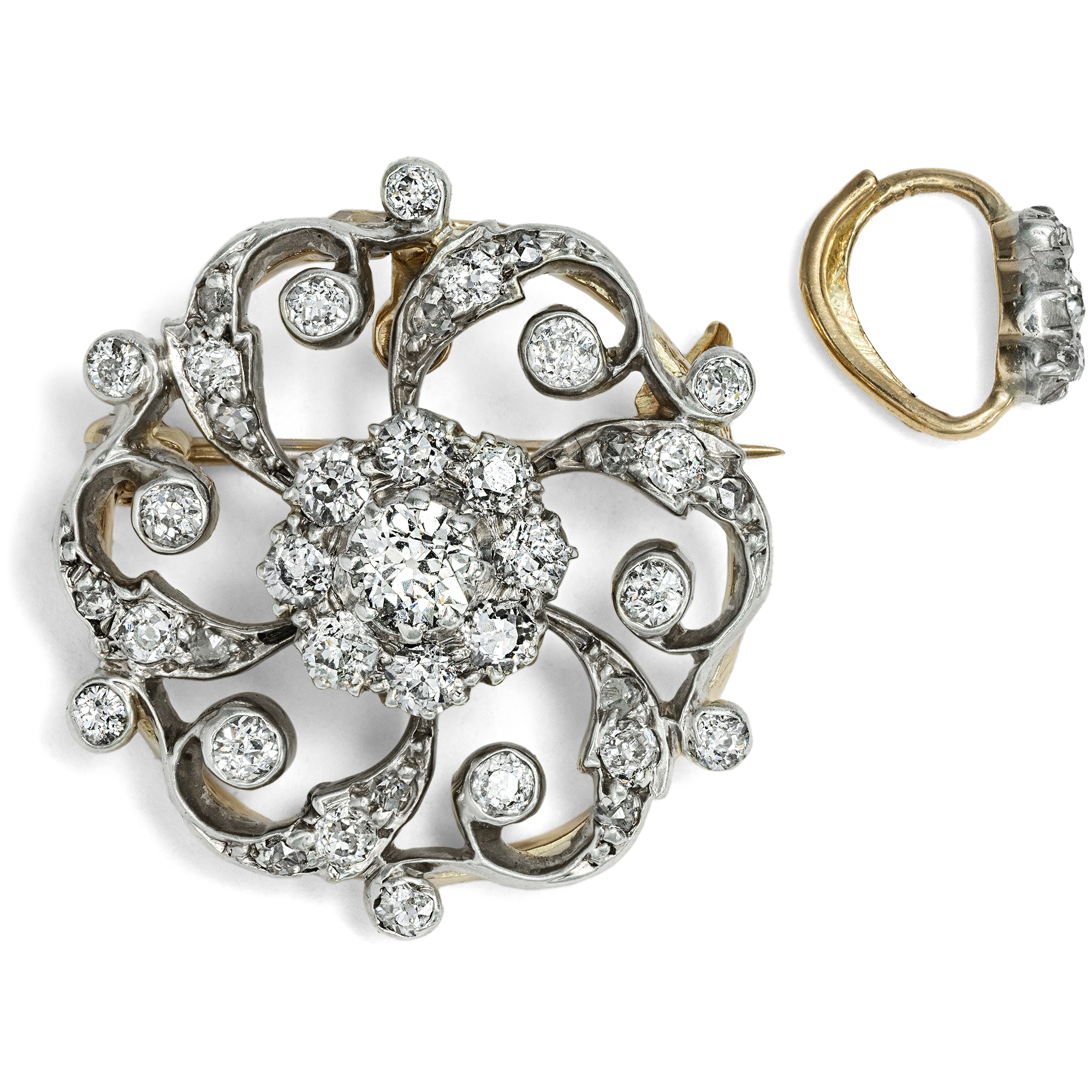 Antike Anhänger-Brosche mit Diamanten in Silber & Gold, um 1900