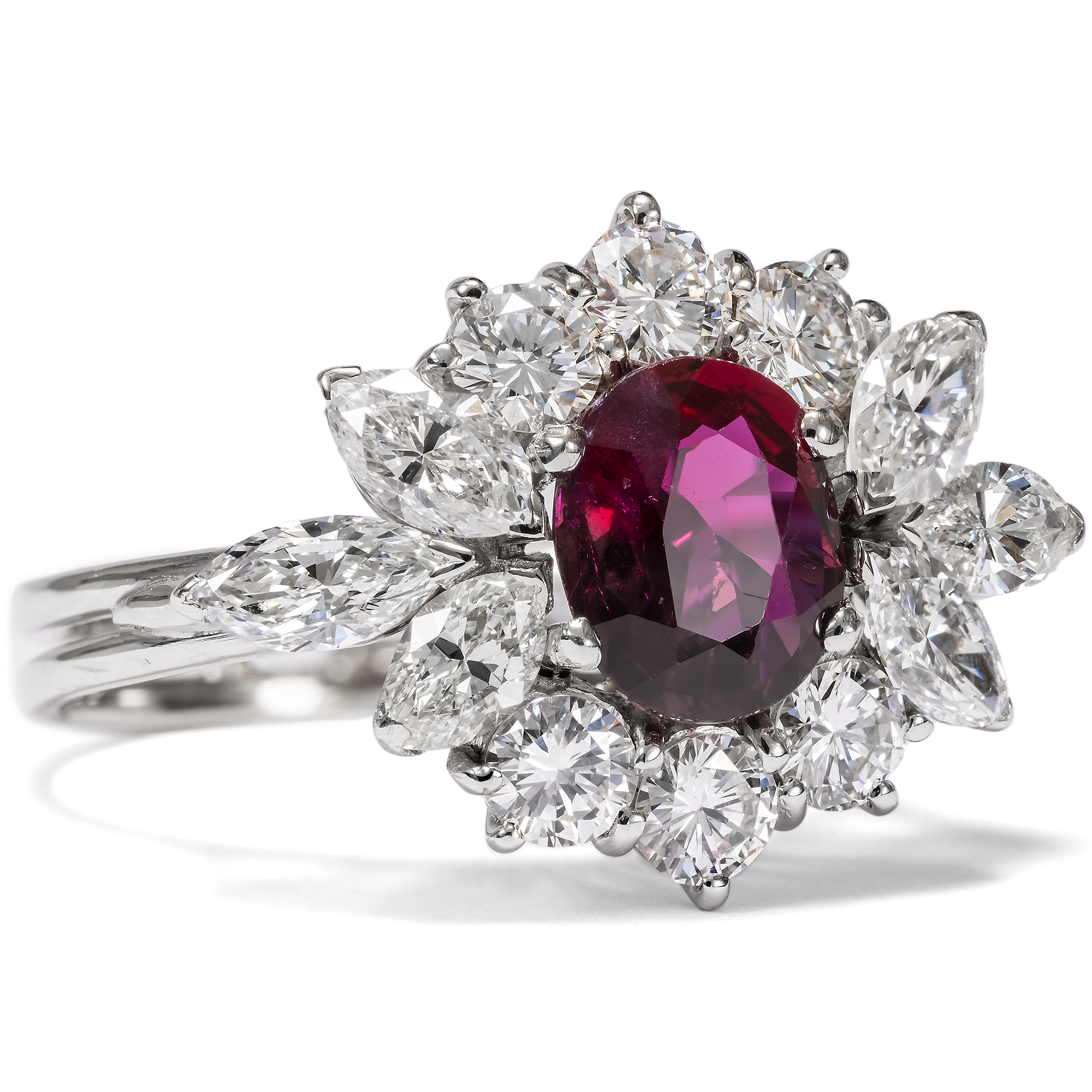 Vintage Ring With Ruby & Diamonds In White Gold, Italy Circa 1976