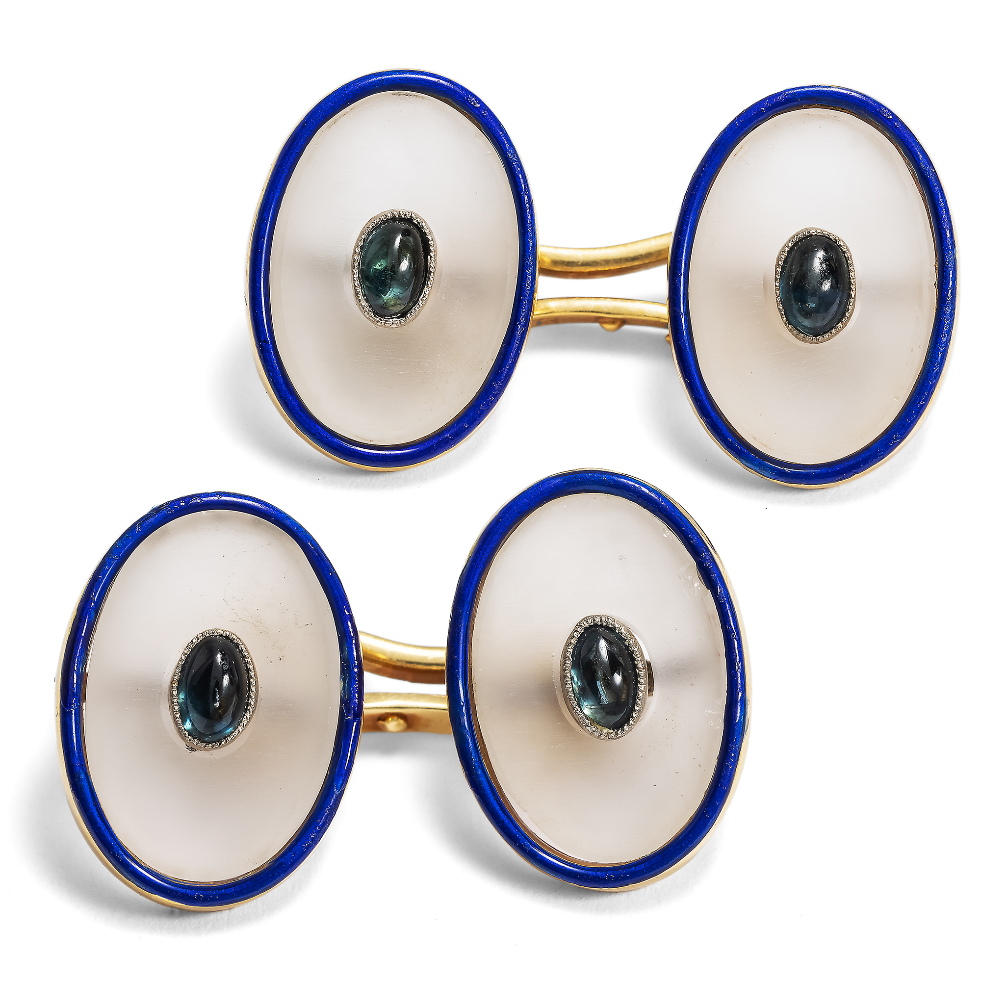 Unusual gold cufflinks with enamel, sapphires & rock crystals, England circa 1910