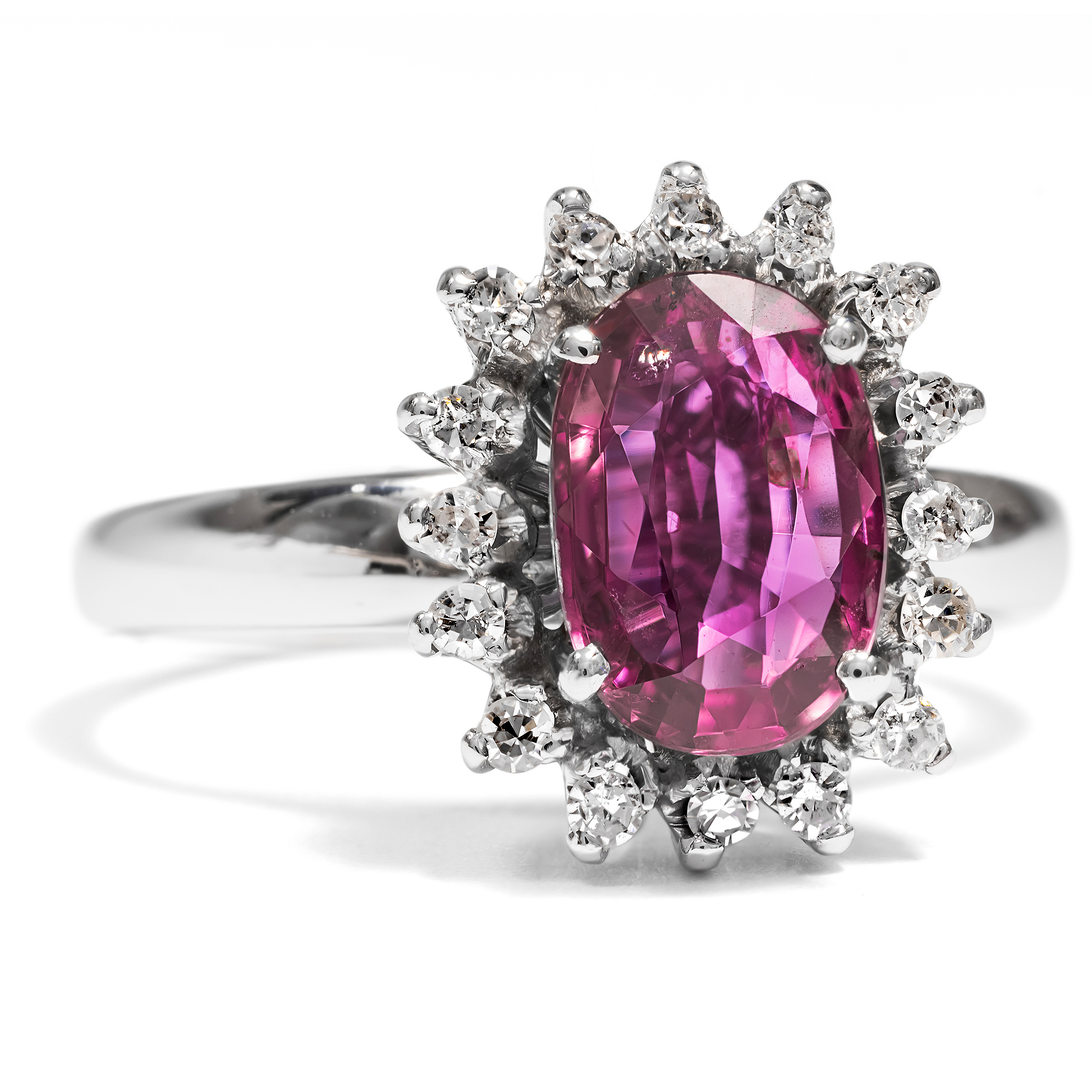 Vintage Natural Ruby & Diamond Cluster Ring in White Gold, c. 1975