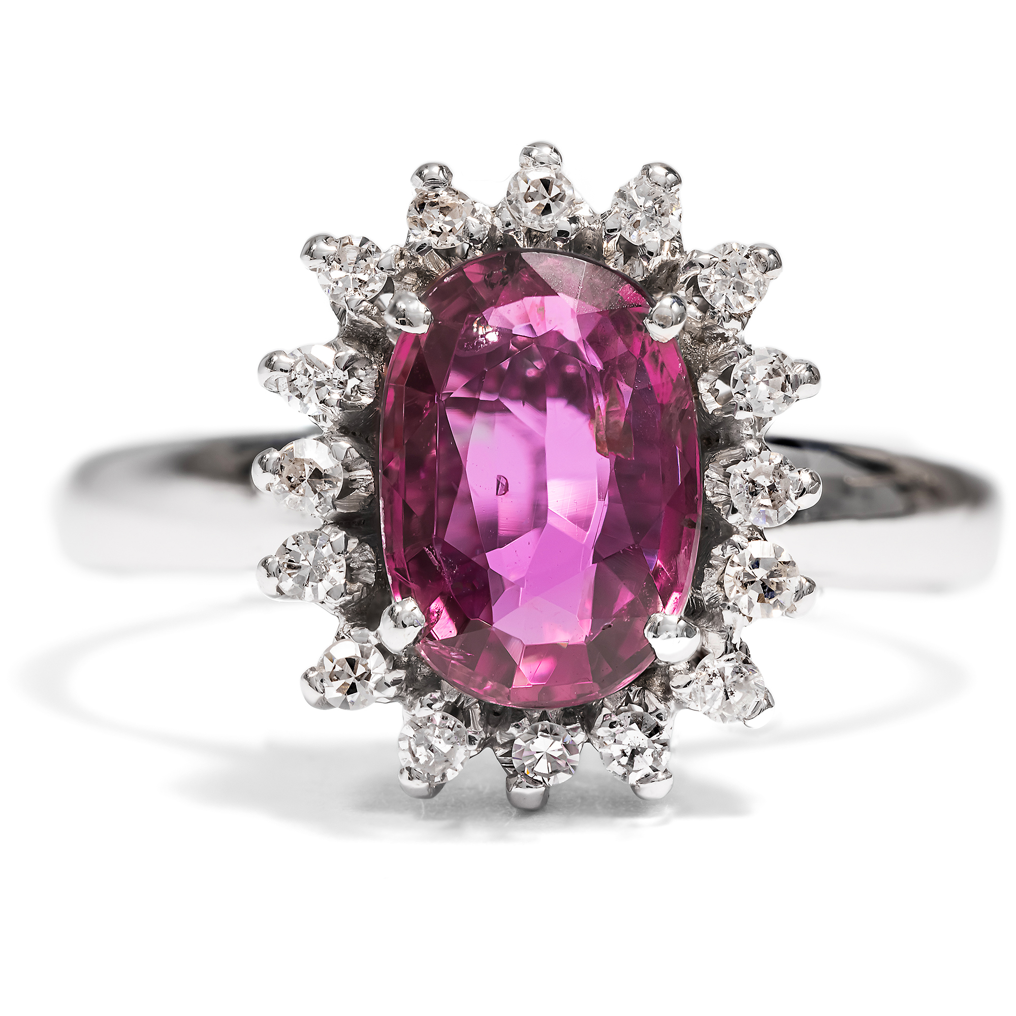 Vintage Natural Ruby & Diamond Cluster Ring in White Gold, c. 1975