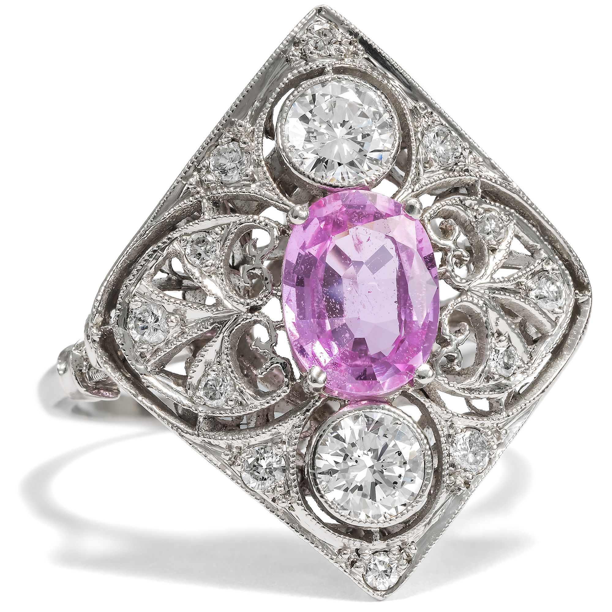 Elegant ring with pink sapphire and diamonds in platinum, circa 2000