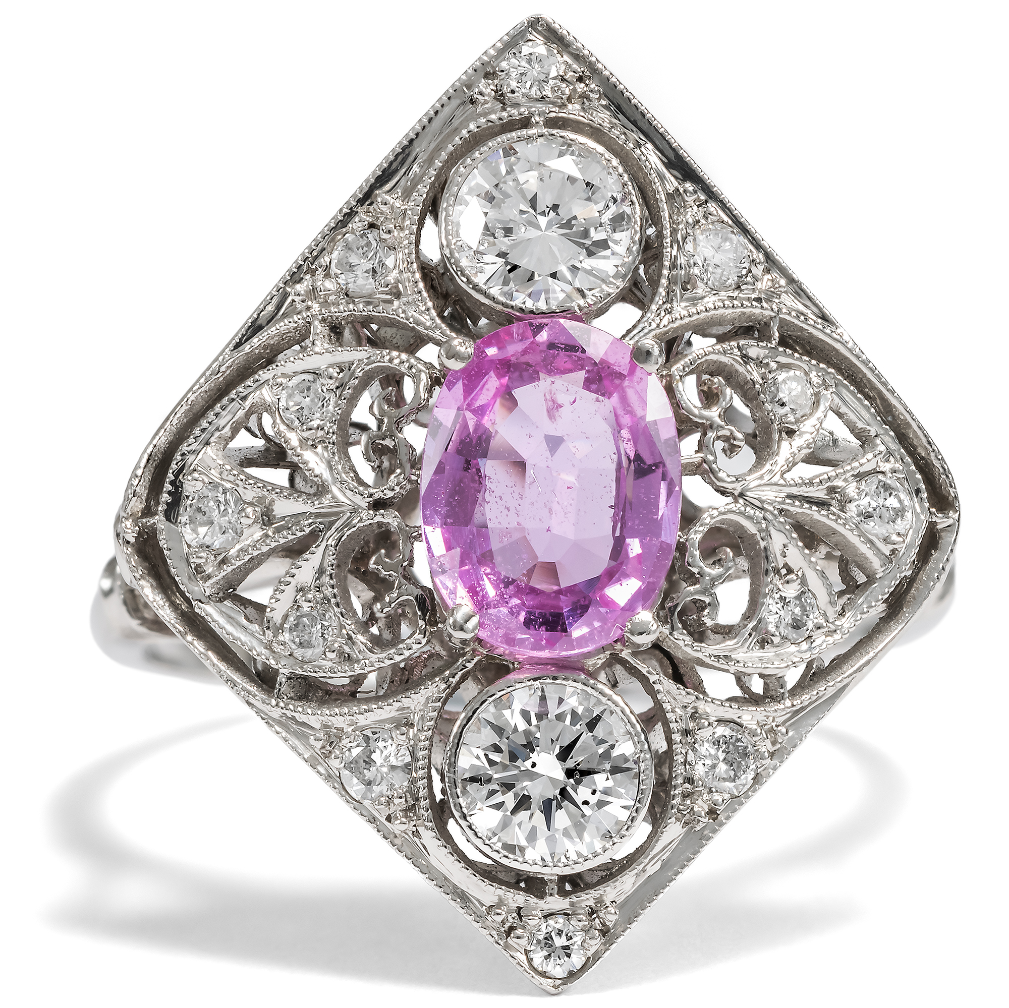 Elegant ring with pink sapphire and diamonds in platinum, circa 2000