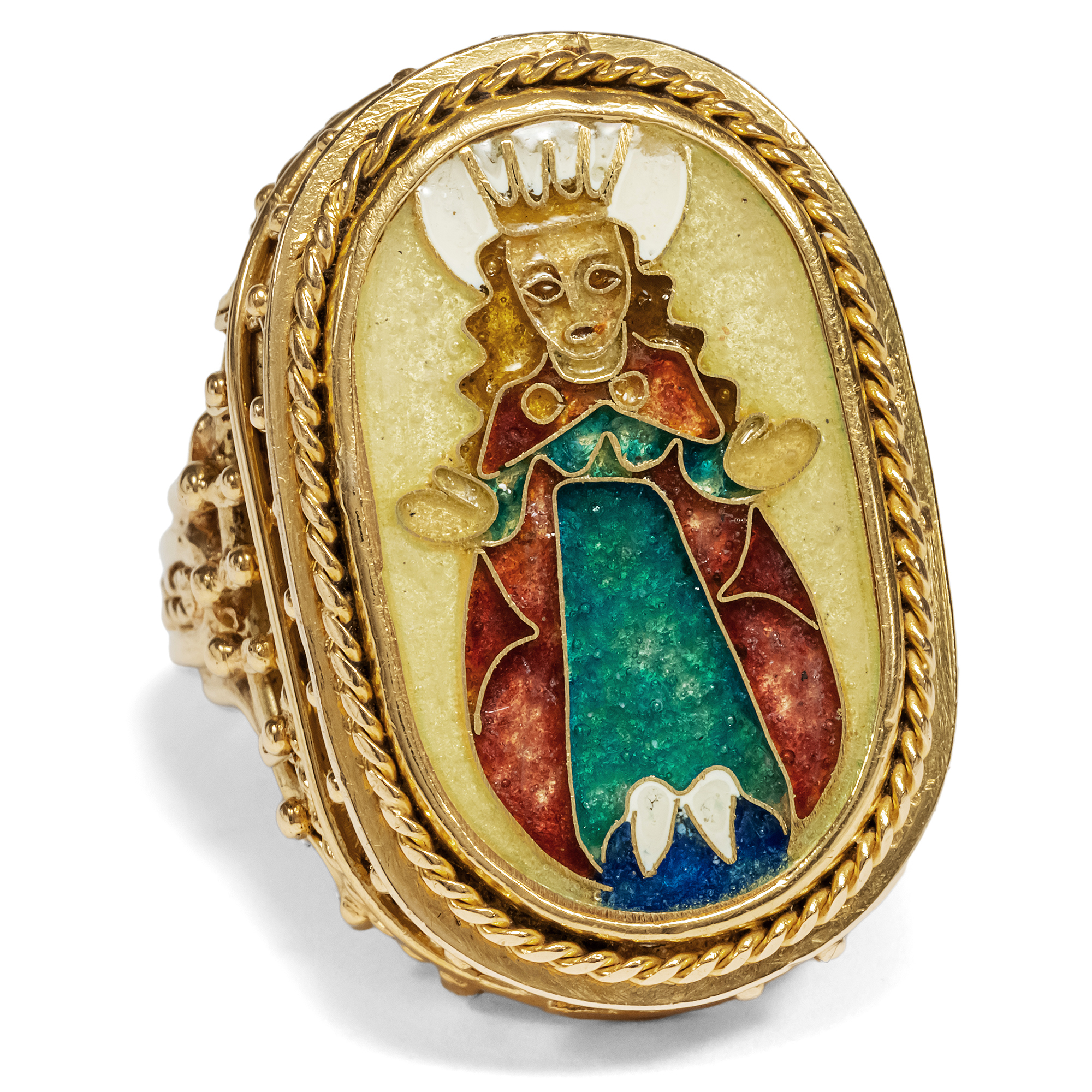 Large gold ring with cloisonée enamel of the Mother of God, circa 1955