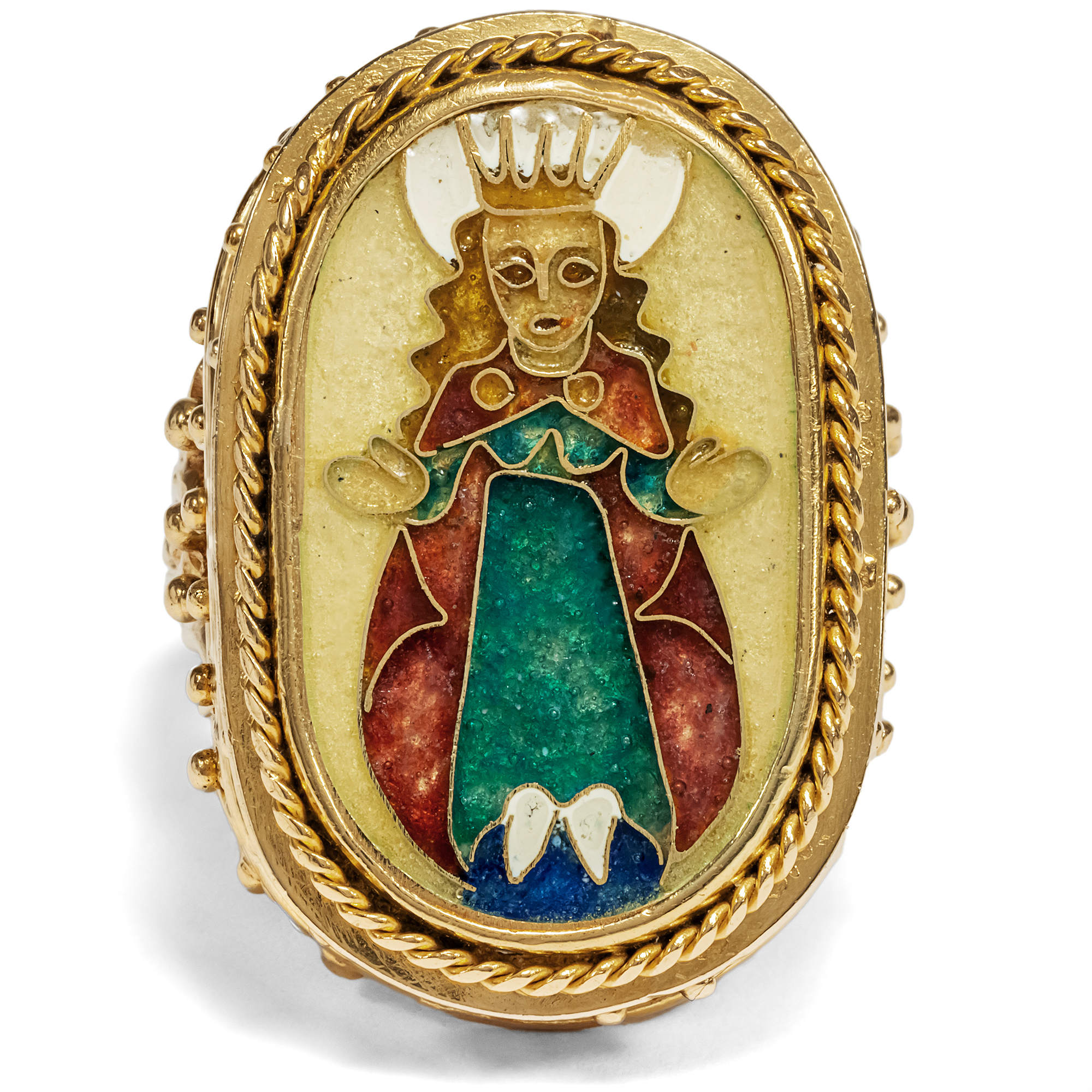 Large gold ring with cloisonée enamel of the Mother of God, circa 1955