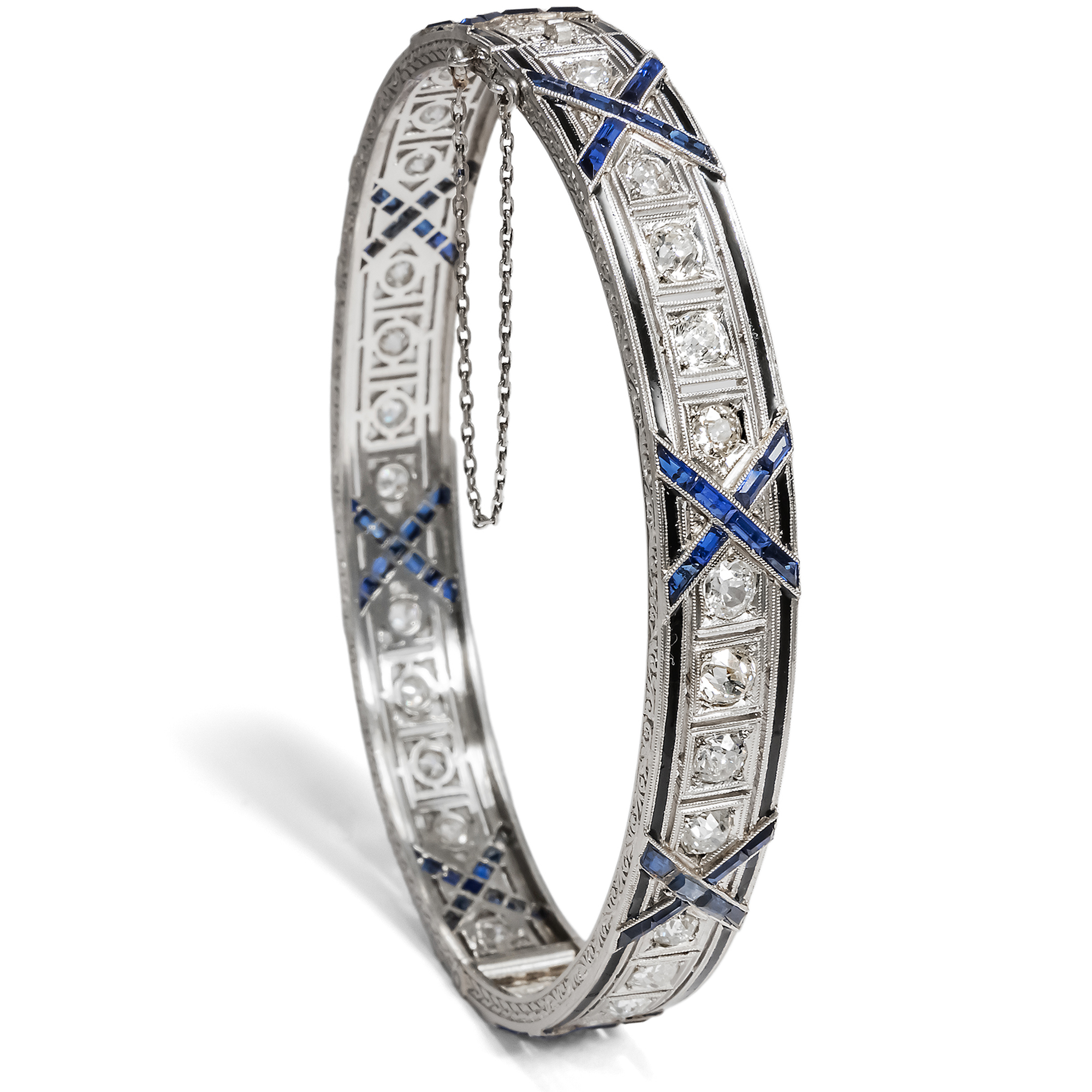 Luxurious Belle Époque Bangle With Diamonds & Verneuil Sapphires in Platinum, circa 1915