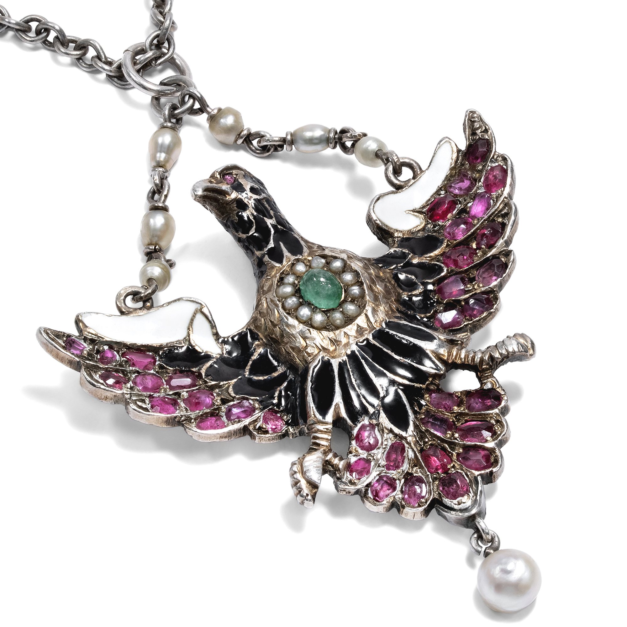 Holbeinesque Eagle Pendant with Rubies, Red Spinels, Pearls & Emerald, c. 1880