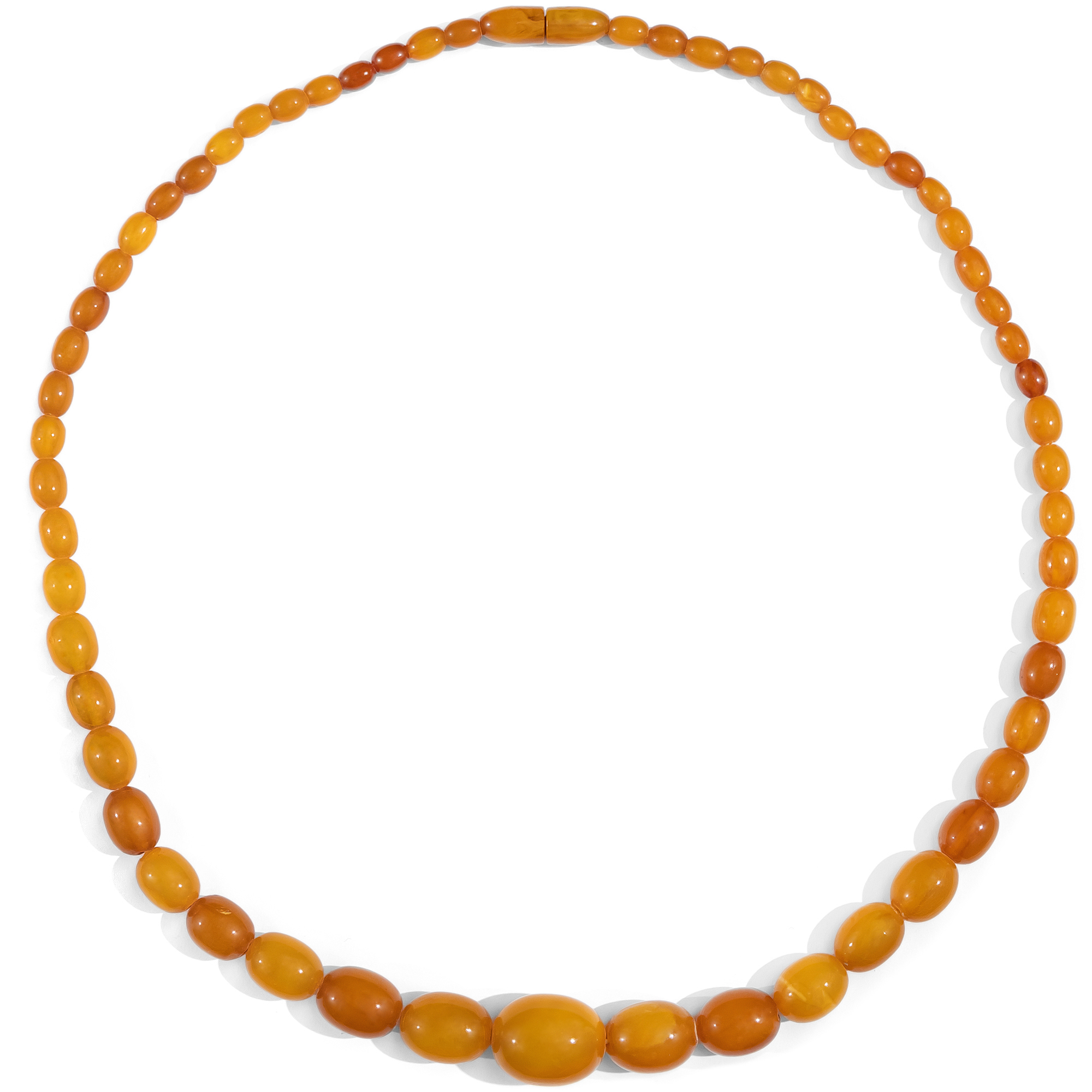 Long Necklace Made of Natural Amber in the Shape of Olives, Art Déco ca. 1930