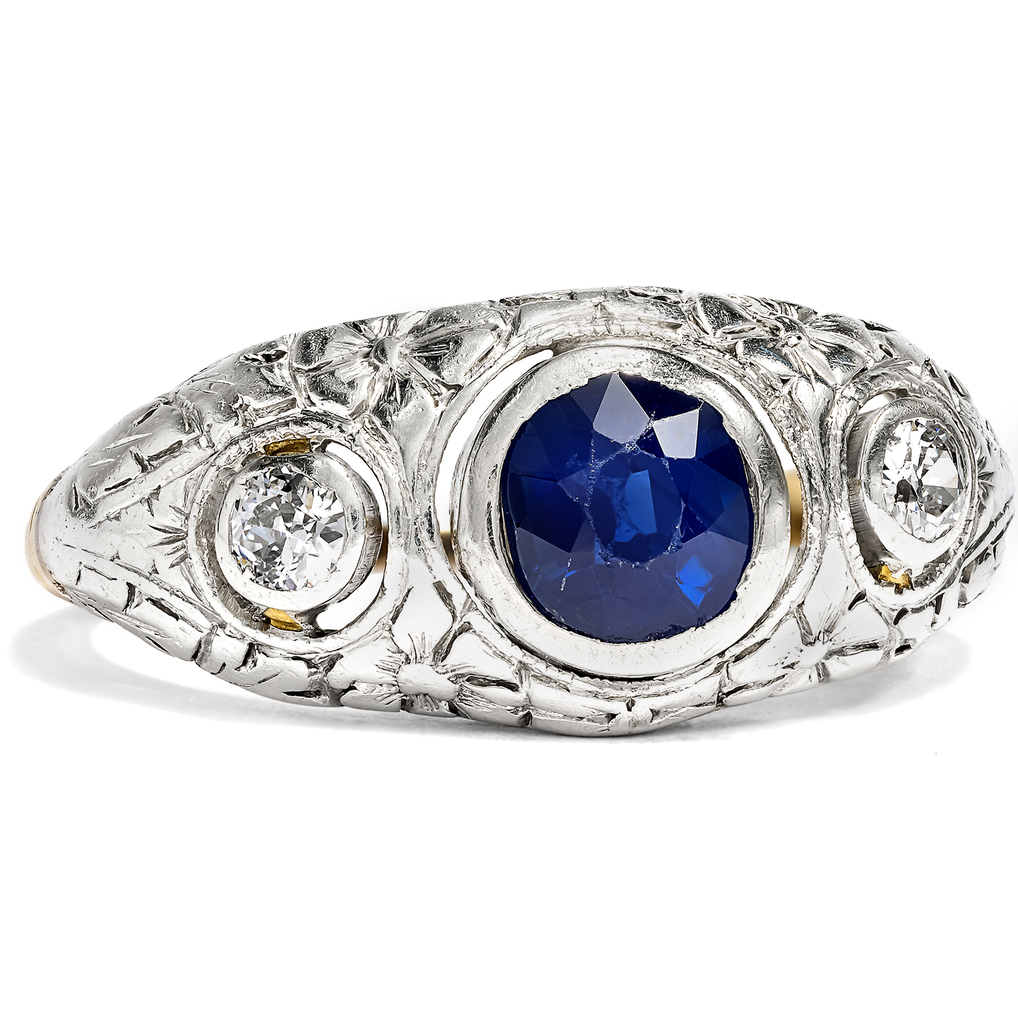 Antique Trilogy Ring with Sapphire & Diamonds in Silver & Gold, c. 1920