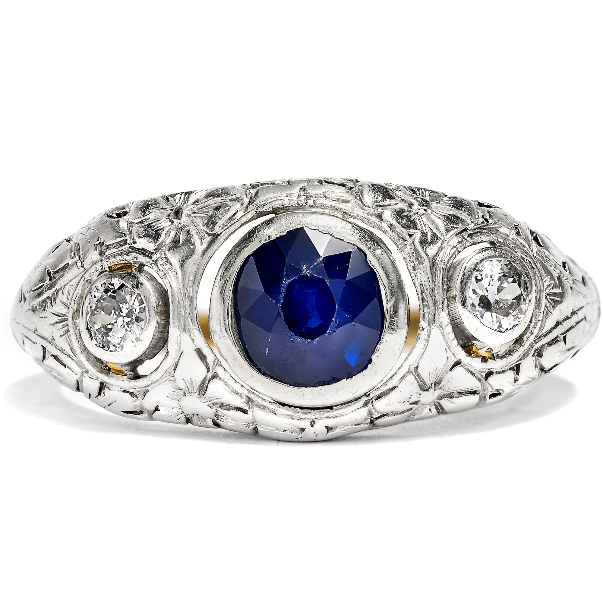 Antique Trilogy Ring with Sapphire & Diamonds in Silver & Gold, c. 1920