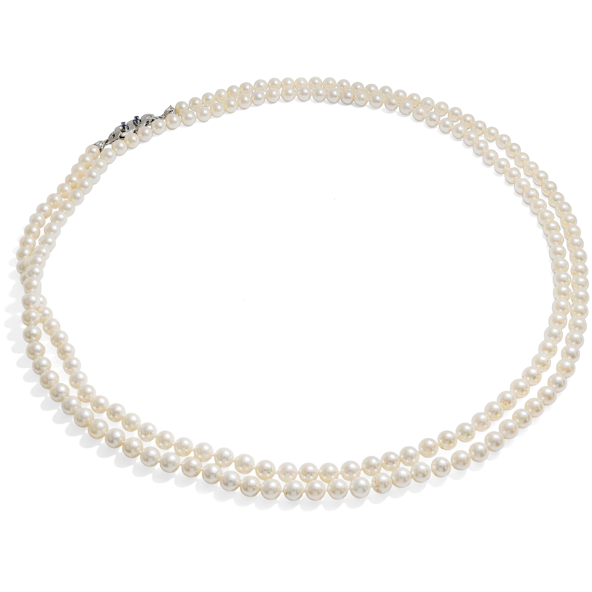 Long Sautoir Pearl Necklace with White Gold & Sapphire Clasp, c. 1970