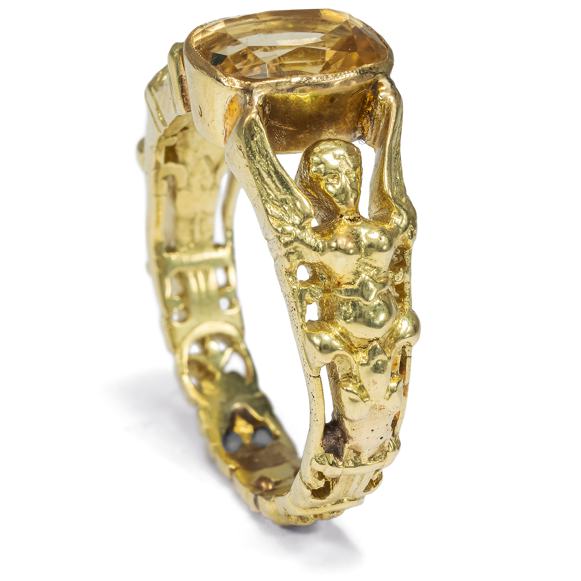 Figural Renaissance Revival Men's Ring with Citrine in Gold, c. 1880