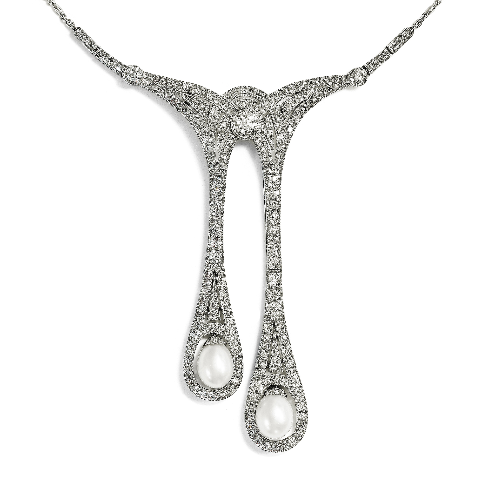 Kostbares „Lavallière“-Collier mit Naturperlen & Diamanten in Platin, um 1910