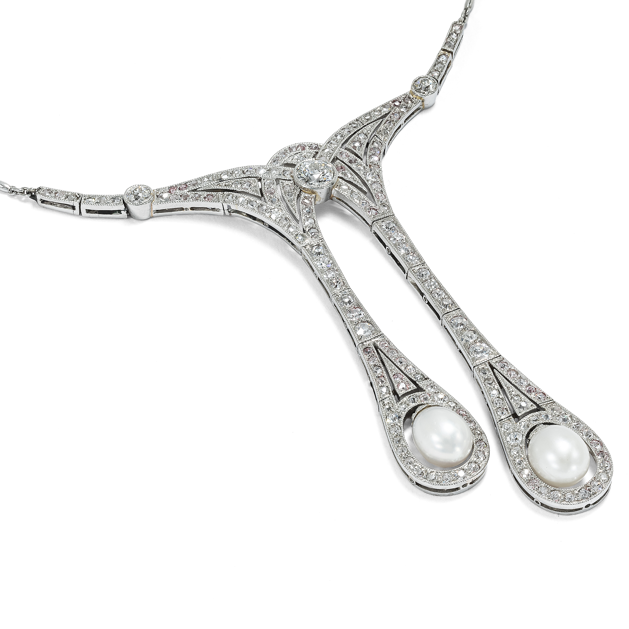 Kostbares „Lavallière“-Collier mit Naturperlen & Diamanten in Platin, um 1910