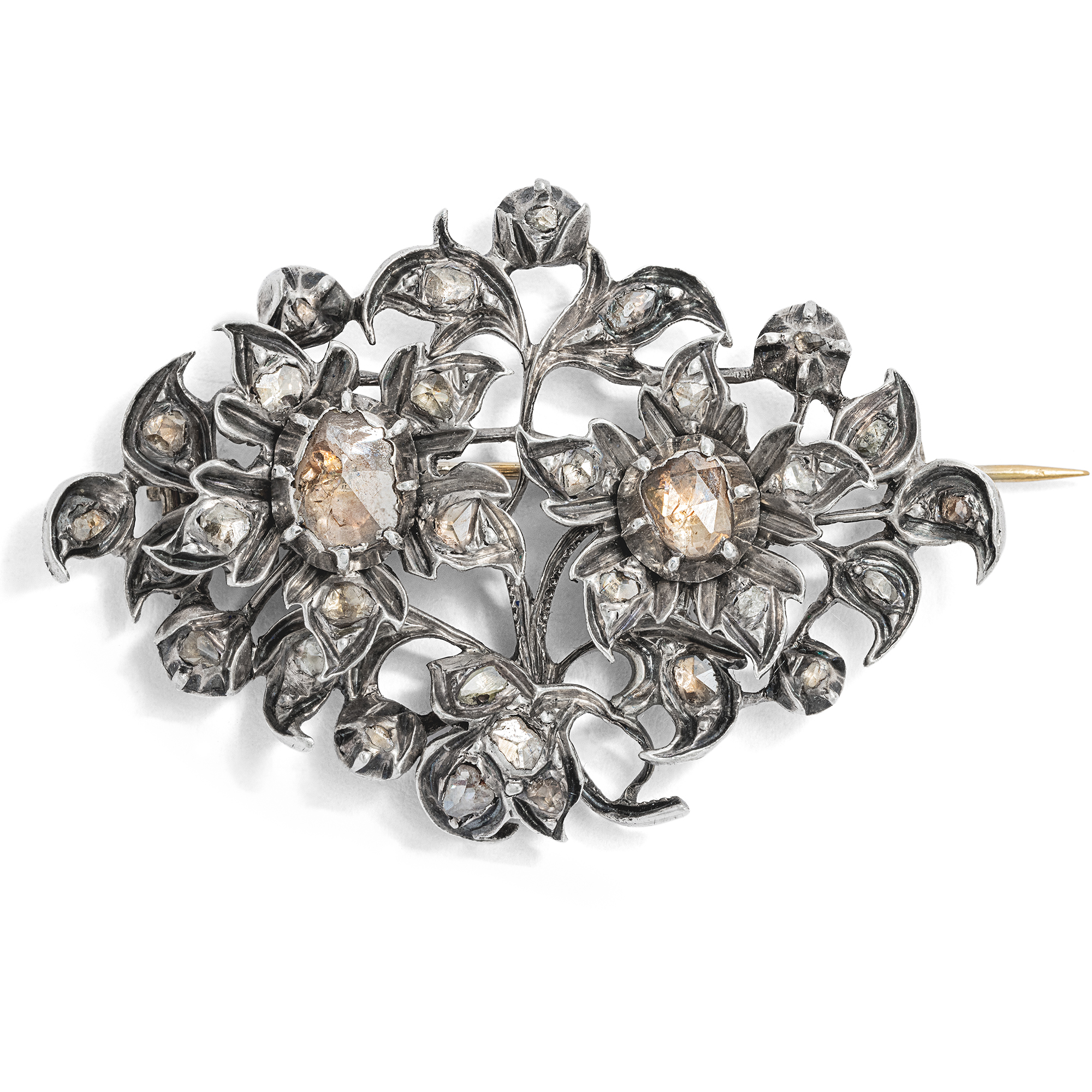 Enchanting Antique Brooch With Diamond Roses In Silver, Rome, Mid 19th Century