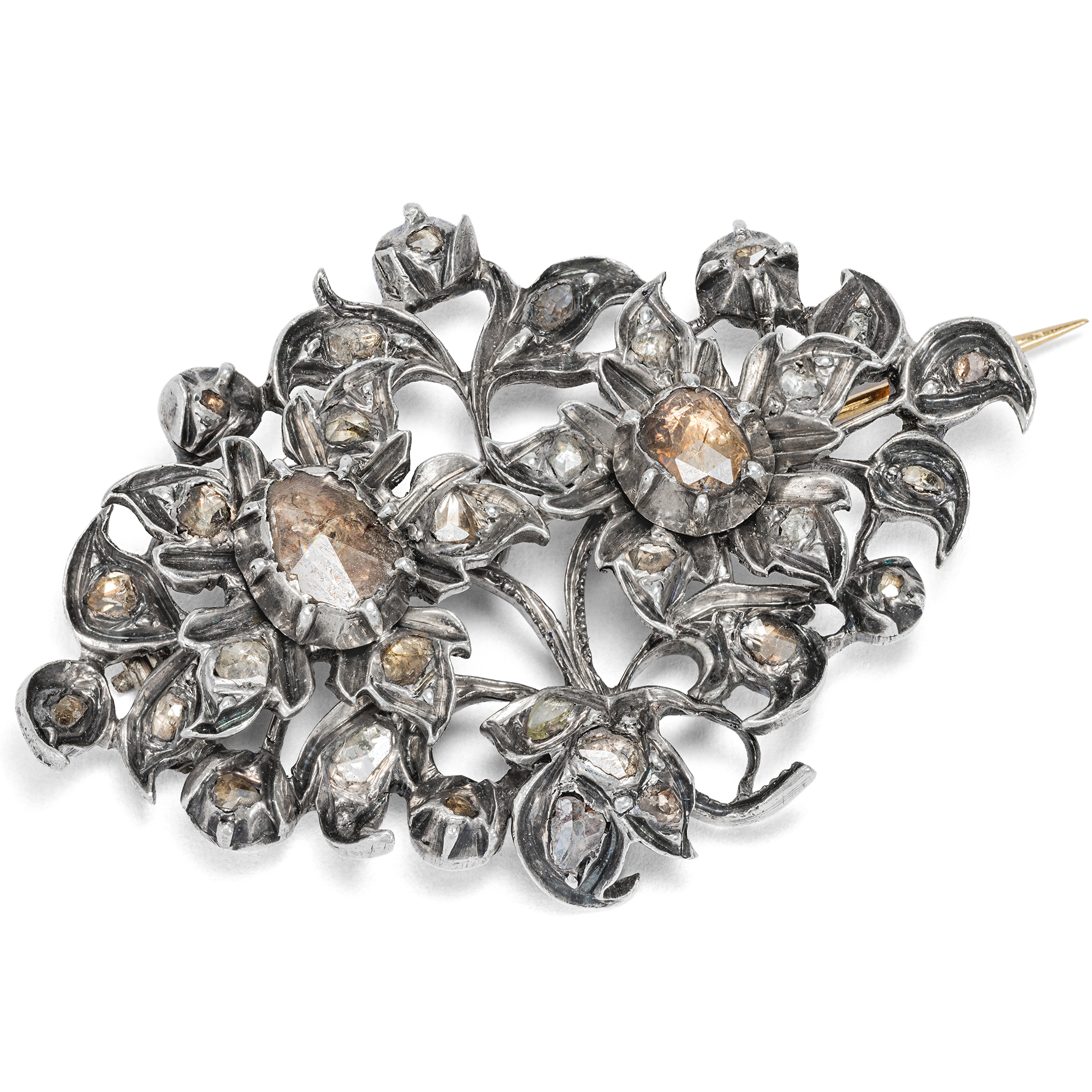 Enchanting Antique Brooch With Diamond Roses In Silver, Rome, Mid 19th Century