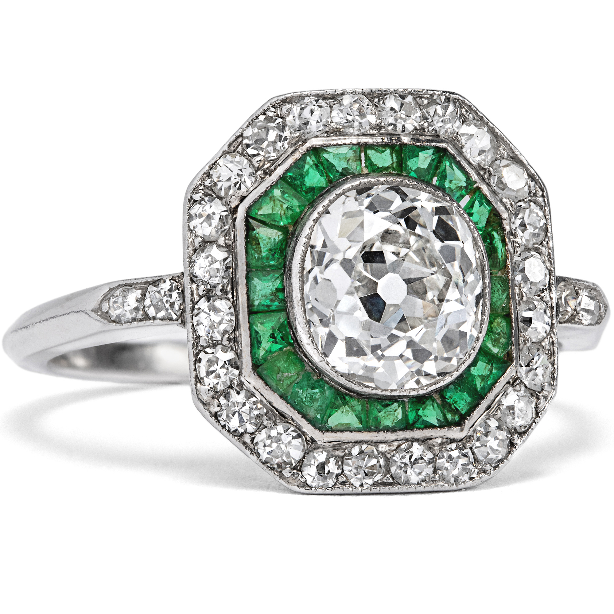 Belle Époque Platinum Ring with 1.30 ct Old European Cut Solitaire & Emeralds, c. 1915