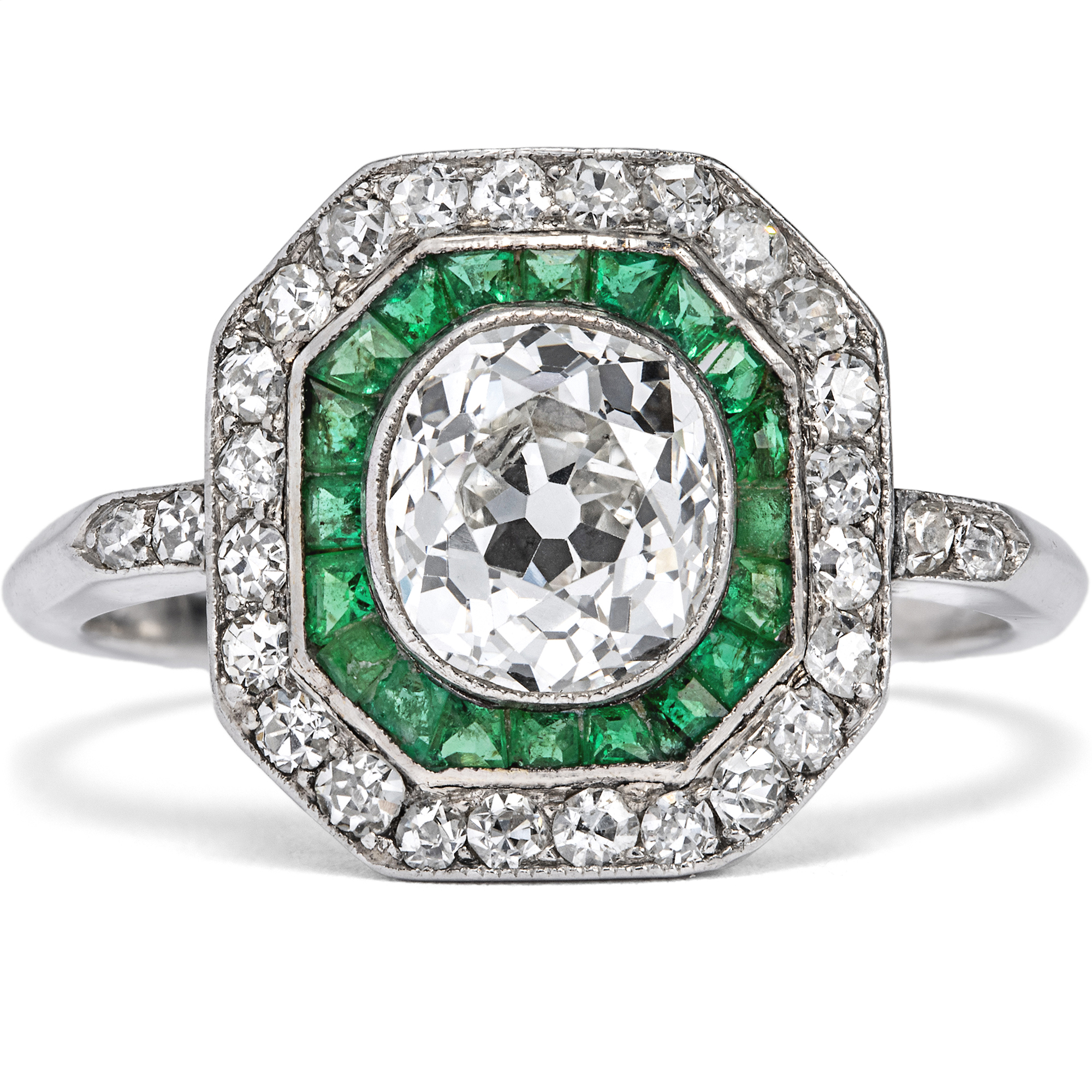 Belle Époque Platinum Ring with 1.30 ct Old European Cut Solitaire & Emeralds, c. 1915