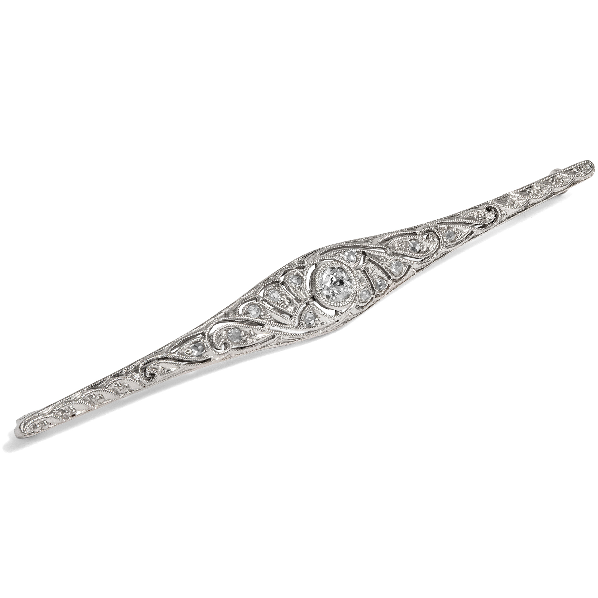 Elegant Déco Pin with Diamonds in Platinum on Gold, c. 1920s