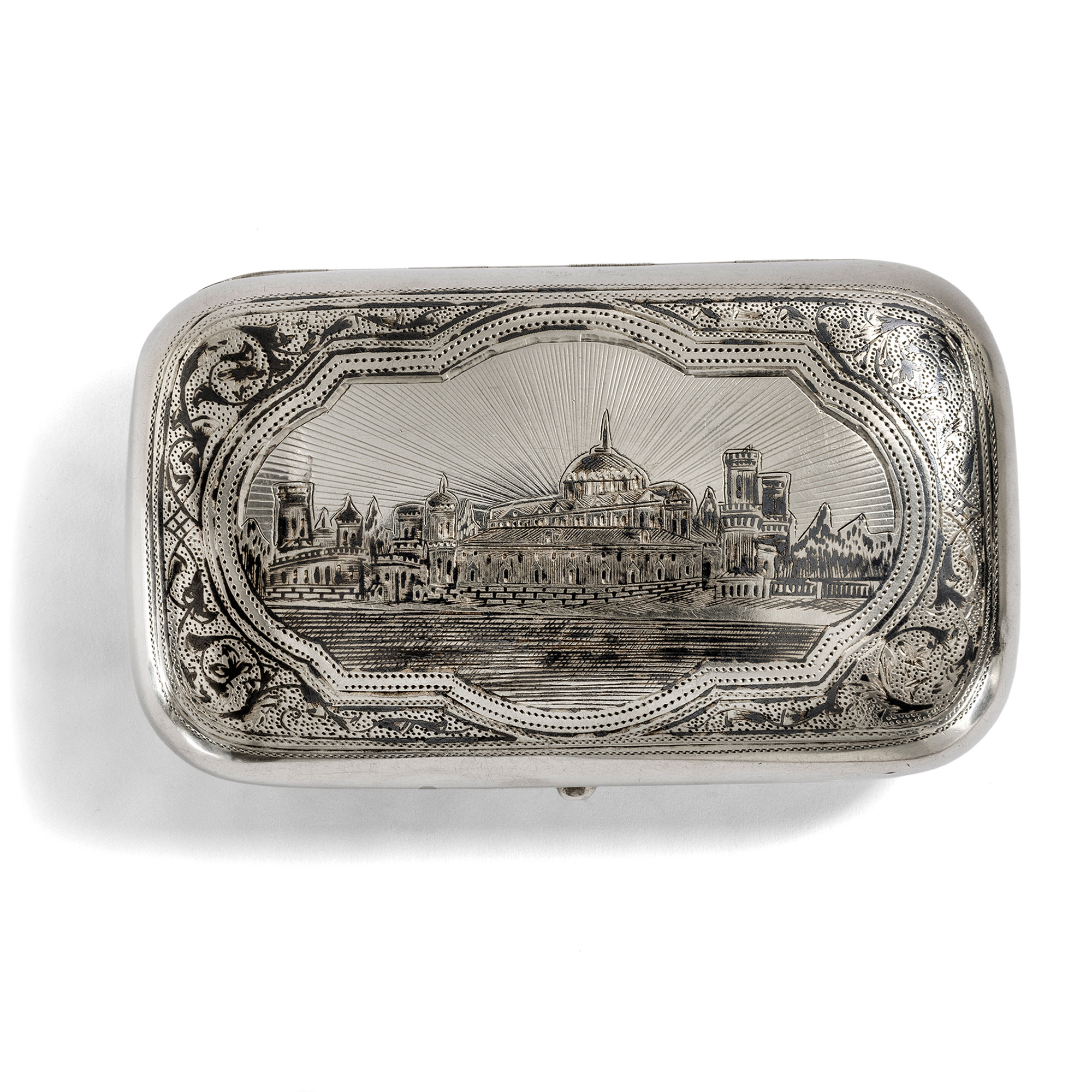 Antikes Zigarettenetui aus Silber & Niello mit Ansicht des Kreml, Moskau 1884