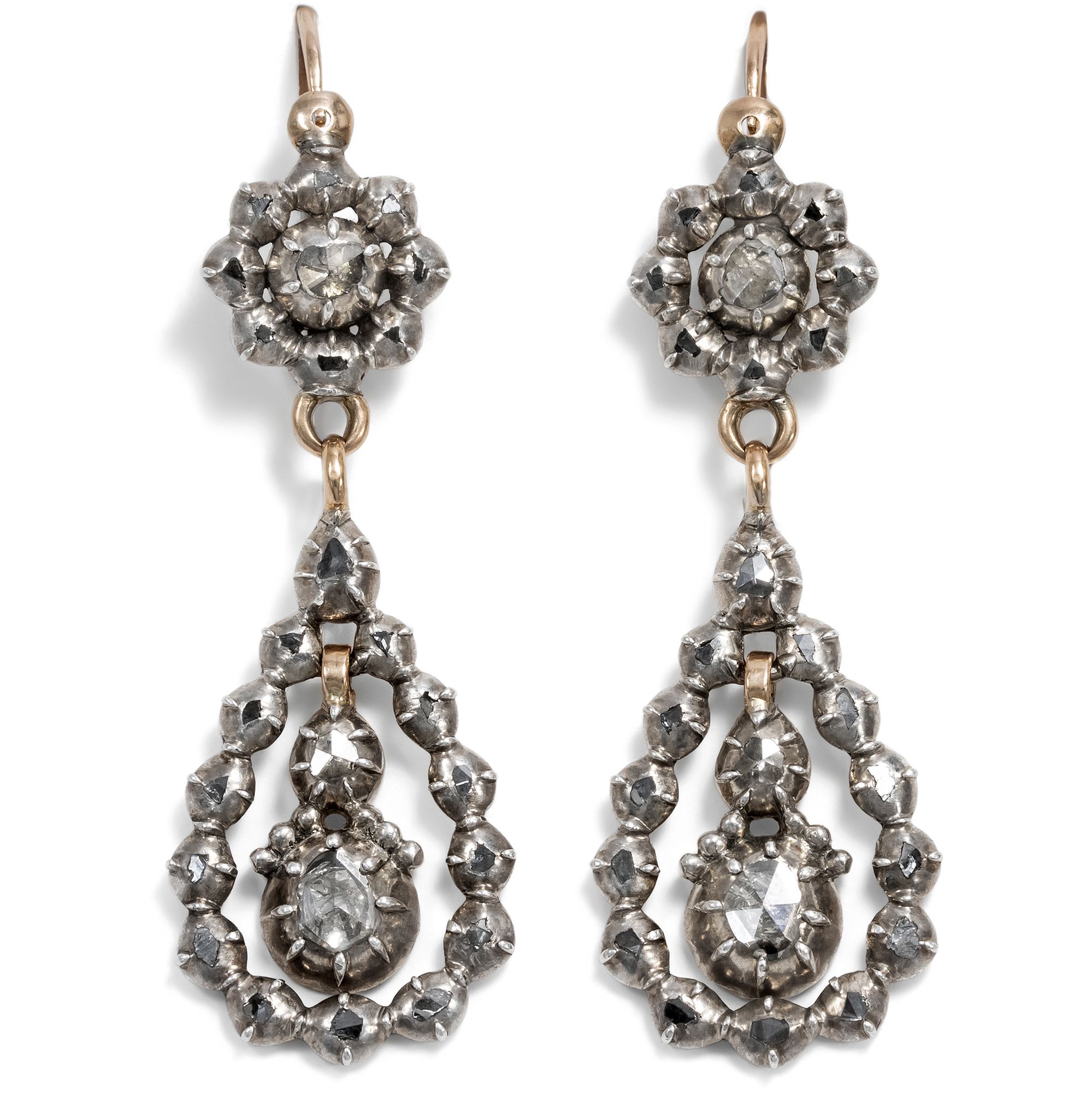 Antique Earrings with Diamond Roses in Silver & Gold, Belgium c. 1860