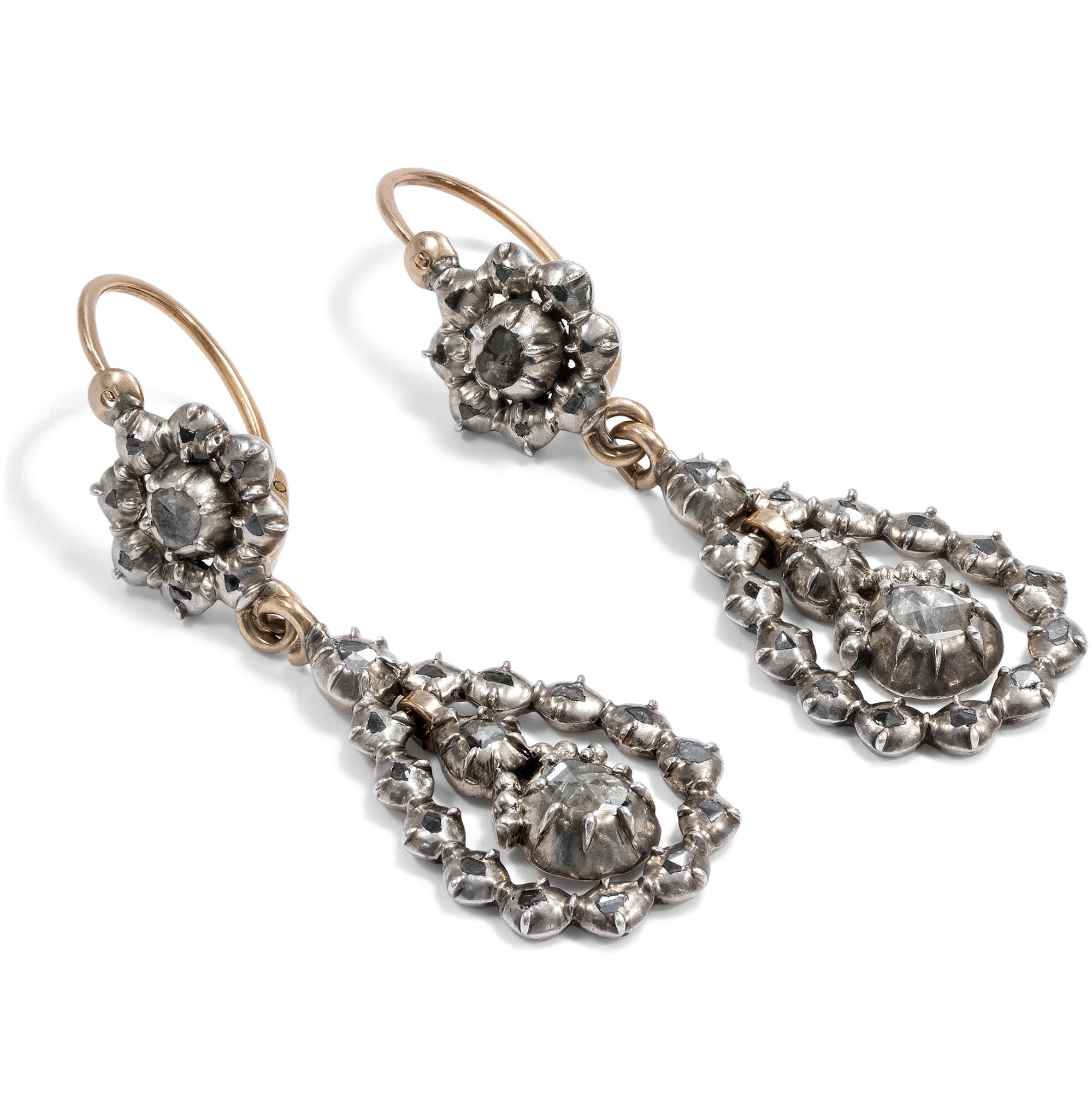 Antique Earrings with Diamond Roses in Silver & Gold, Belgium c. 1860