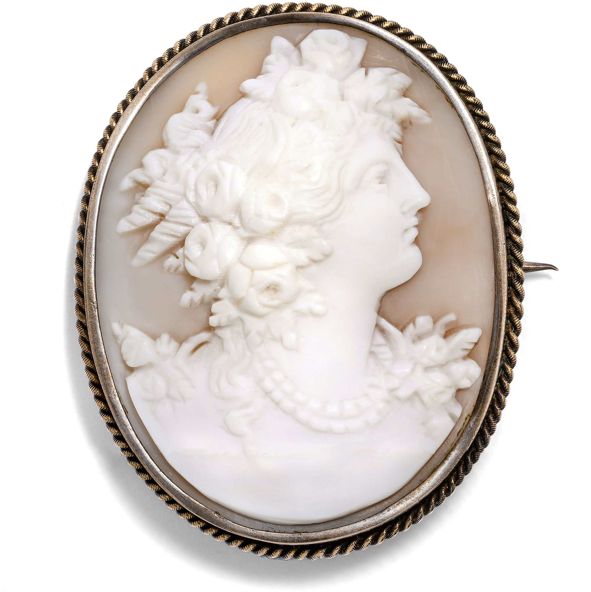 Antique Brooch With Shell Cameo of the Goddess Flora, Germany ca. 1895