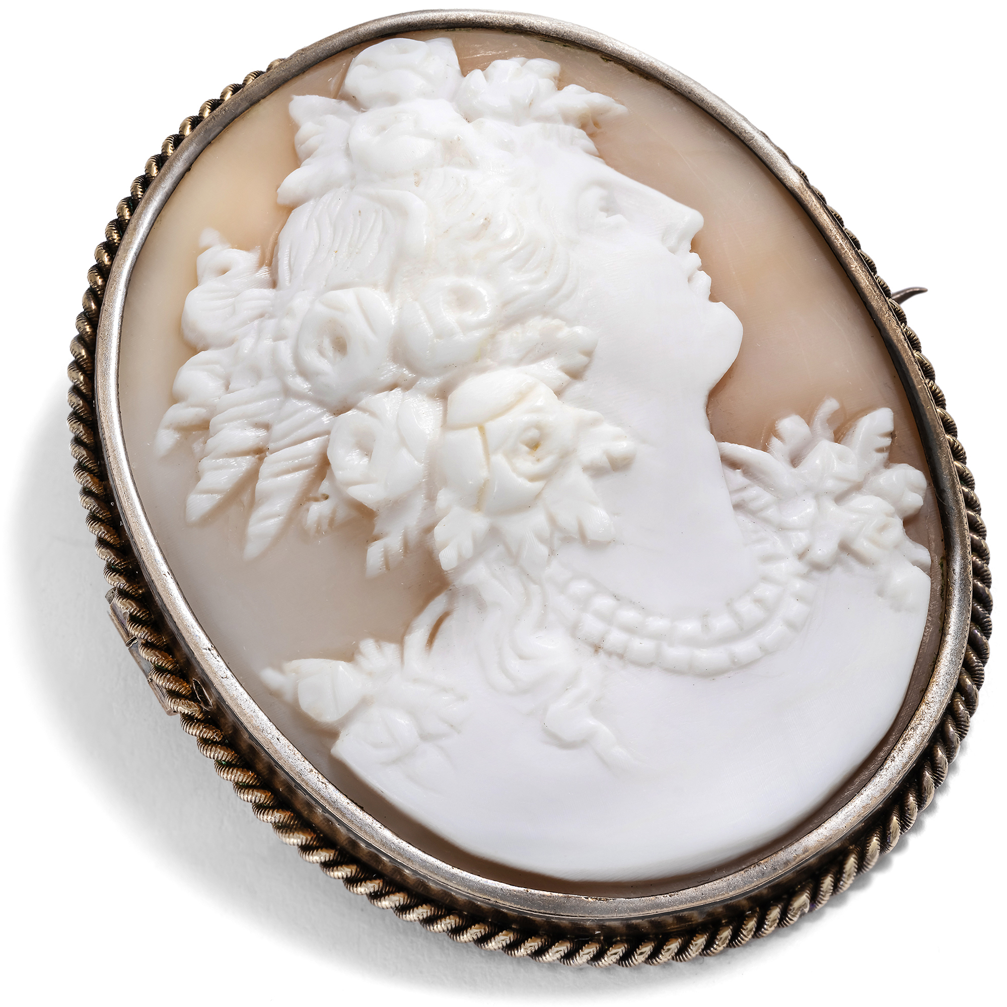 Antique Brooch With Shell Cameo of the Goddess Flora, Germany ca. 1895