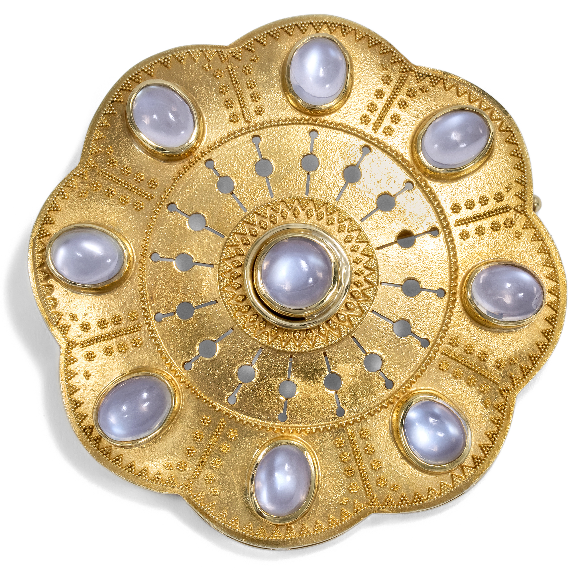 Large Granulated Disc Brooch with Moonstones, c. 1930s