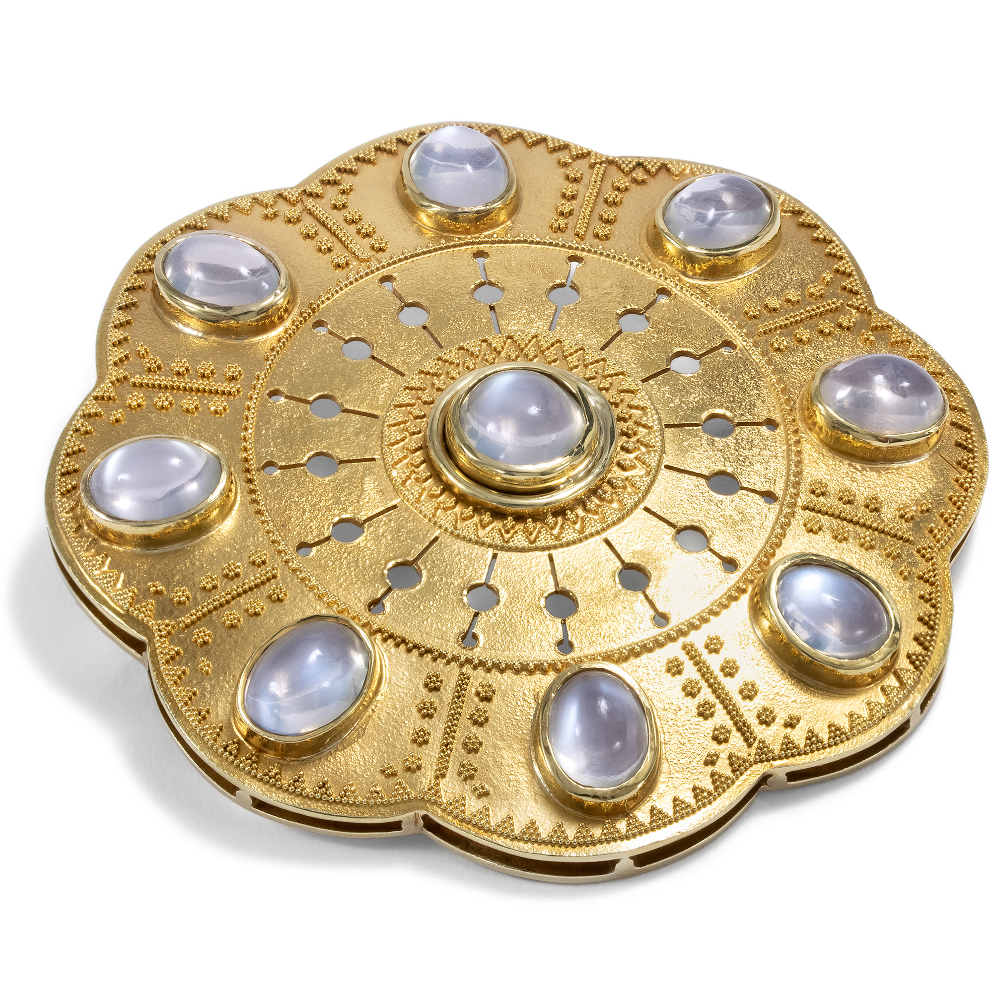 Large Granulated Disc Brooch with Moonstones, c. 1930s