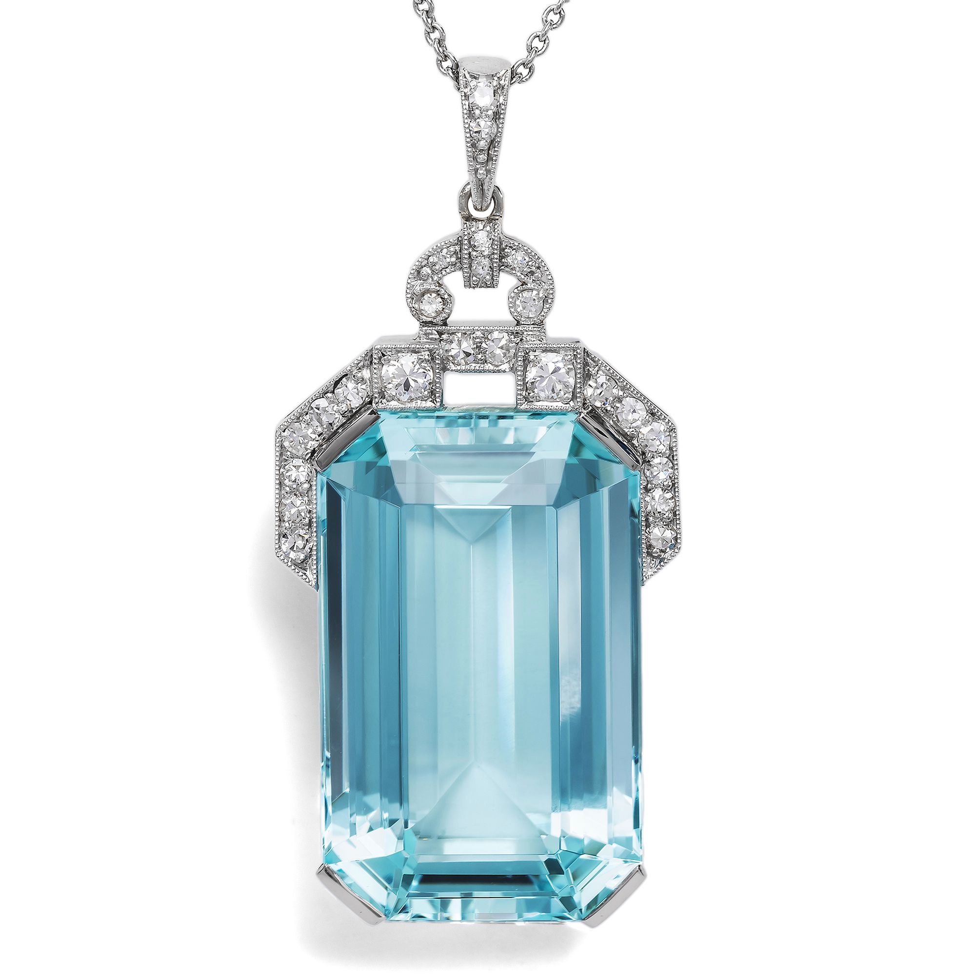 Antique Pendant with Aquamarine & Diamonds in Platinum, Art Déco c. 1930