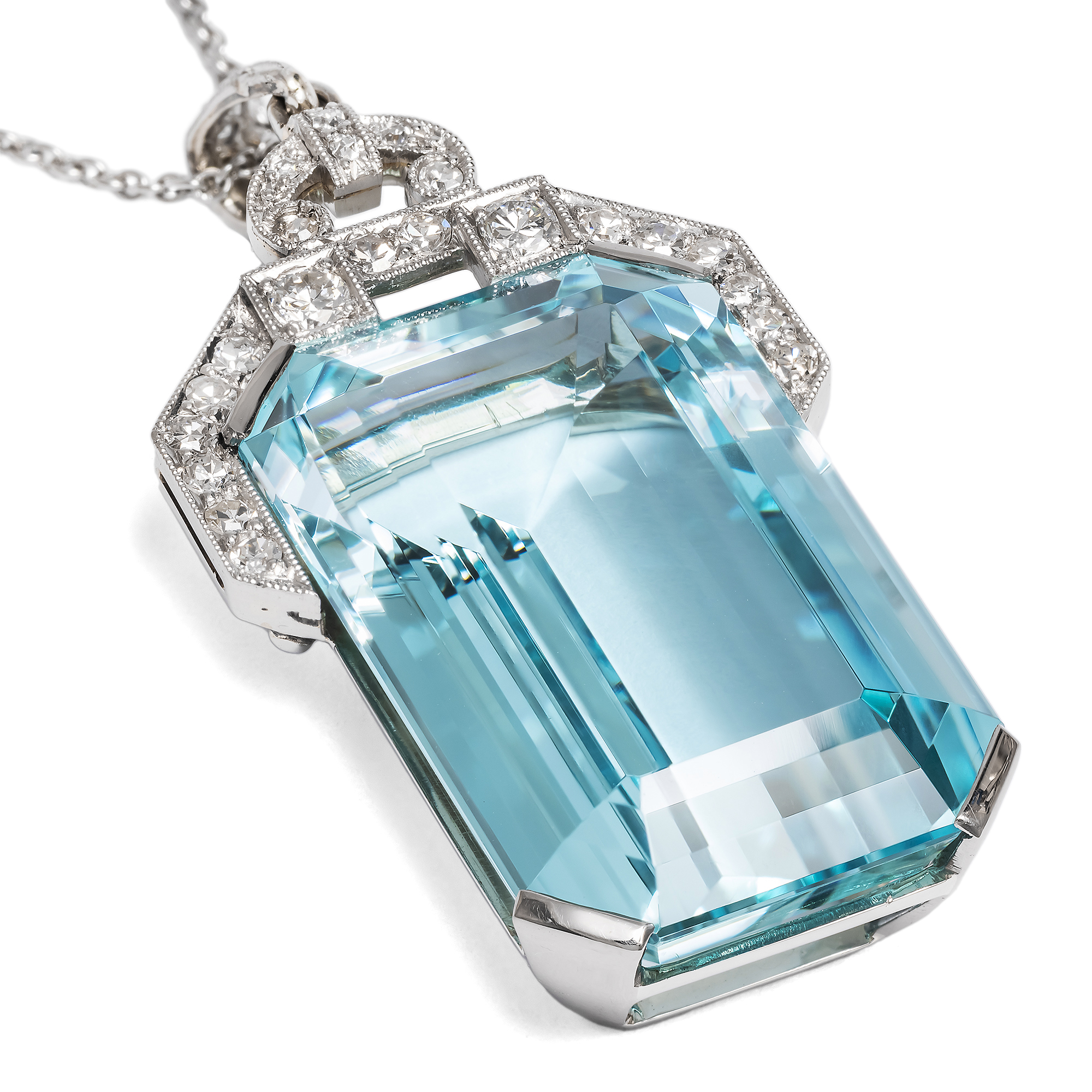 Antique Pendant with Aquamarine & Diamonds in Platinum, Art Déco c. 1930