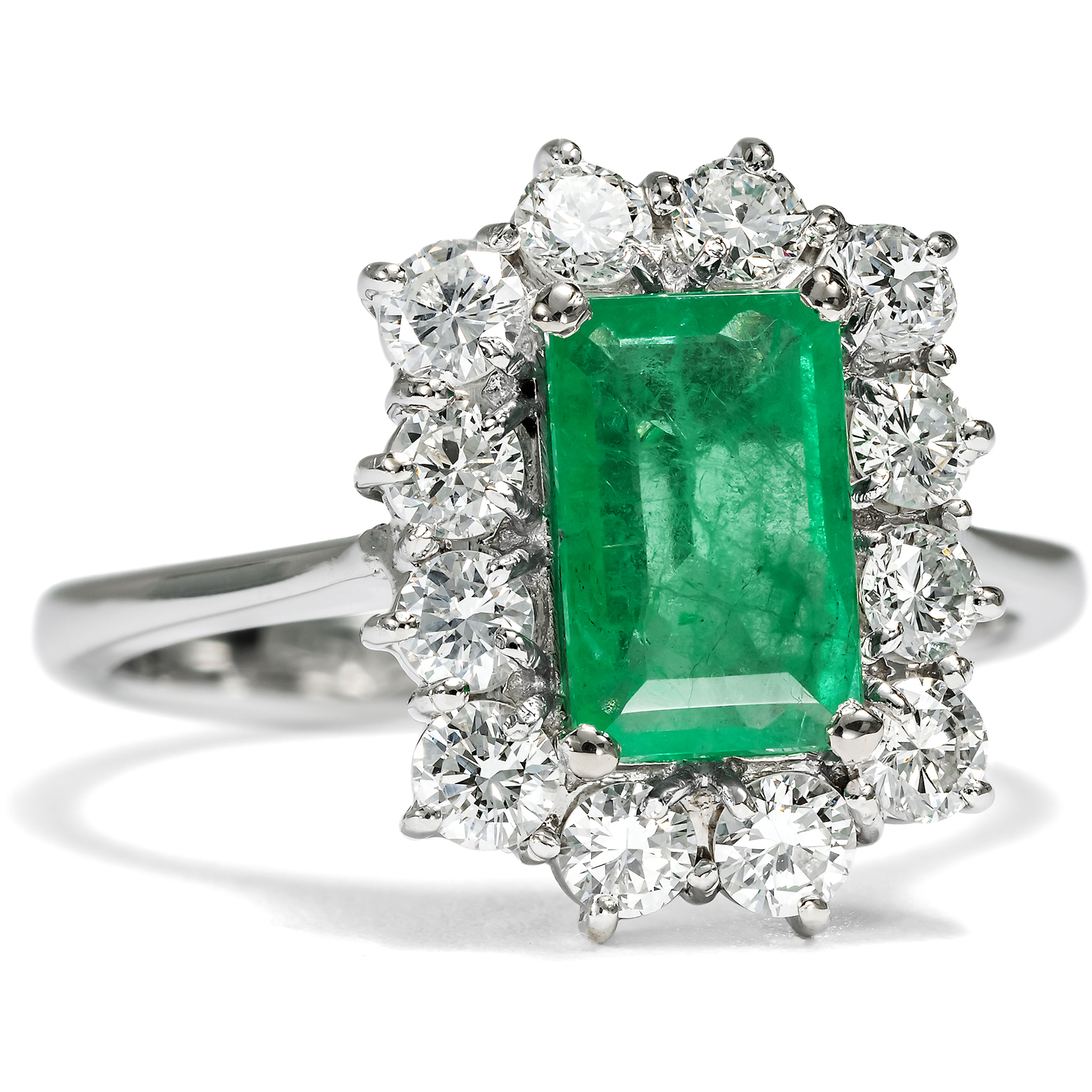 Vintage Emerald and Diamond Cluster Ring in White Gold, c. 1975