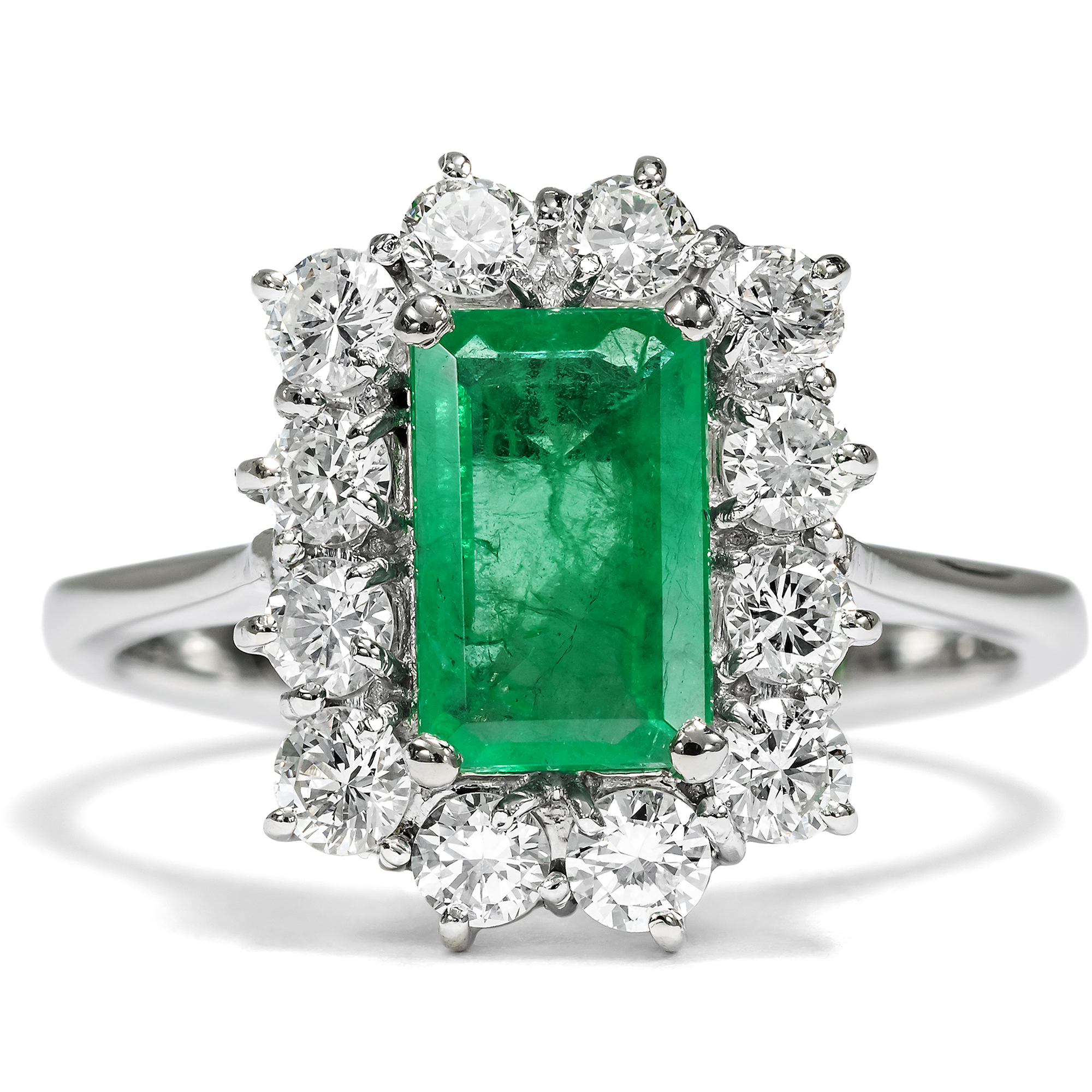 Vintage Emerald and Diamond Cluster Ring in White Gold, c. 1975