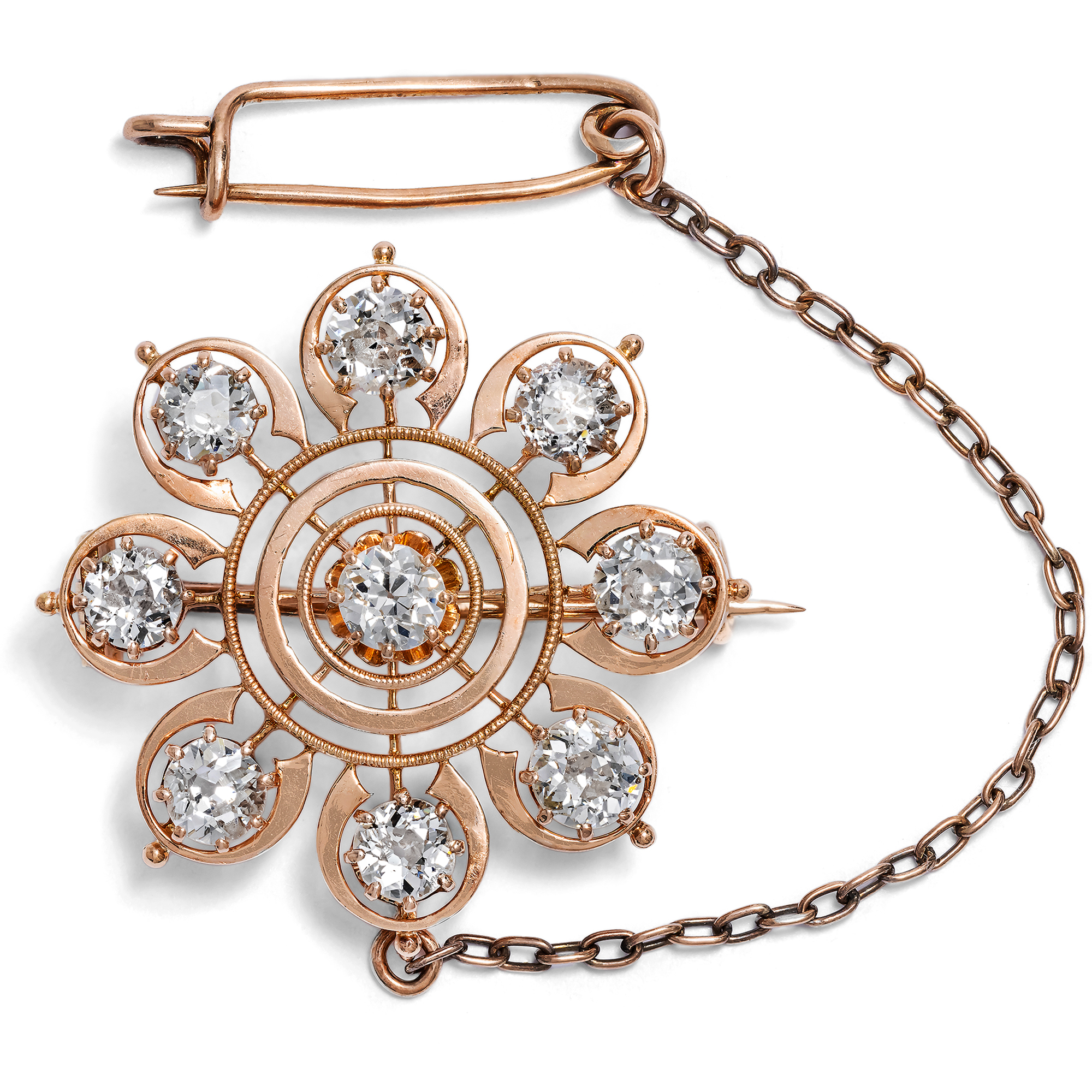 Antique Brooch in Pink Gold with 2.18 ct Old European Cut Diamonds, c. 1880 Antique Brooch in Pink Gold with 2.18 ct Old European Cut Diamonds, c. 1880