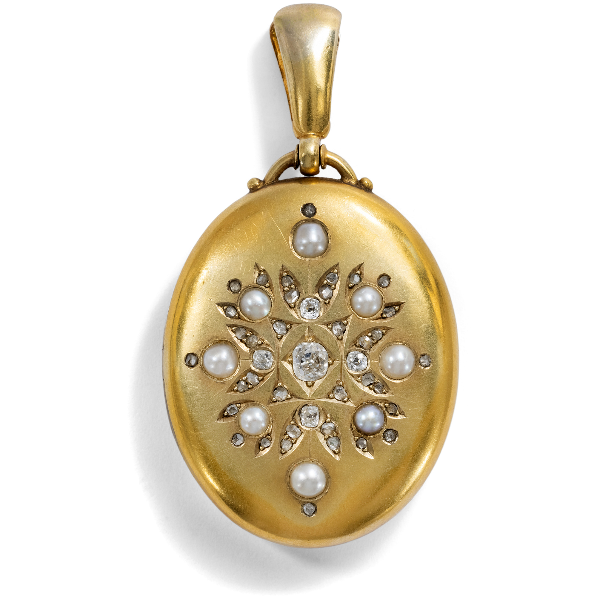 Victorian Gold Locket with Diamonds & Natural Pearls, Inscribed 1882