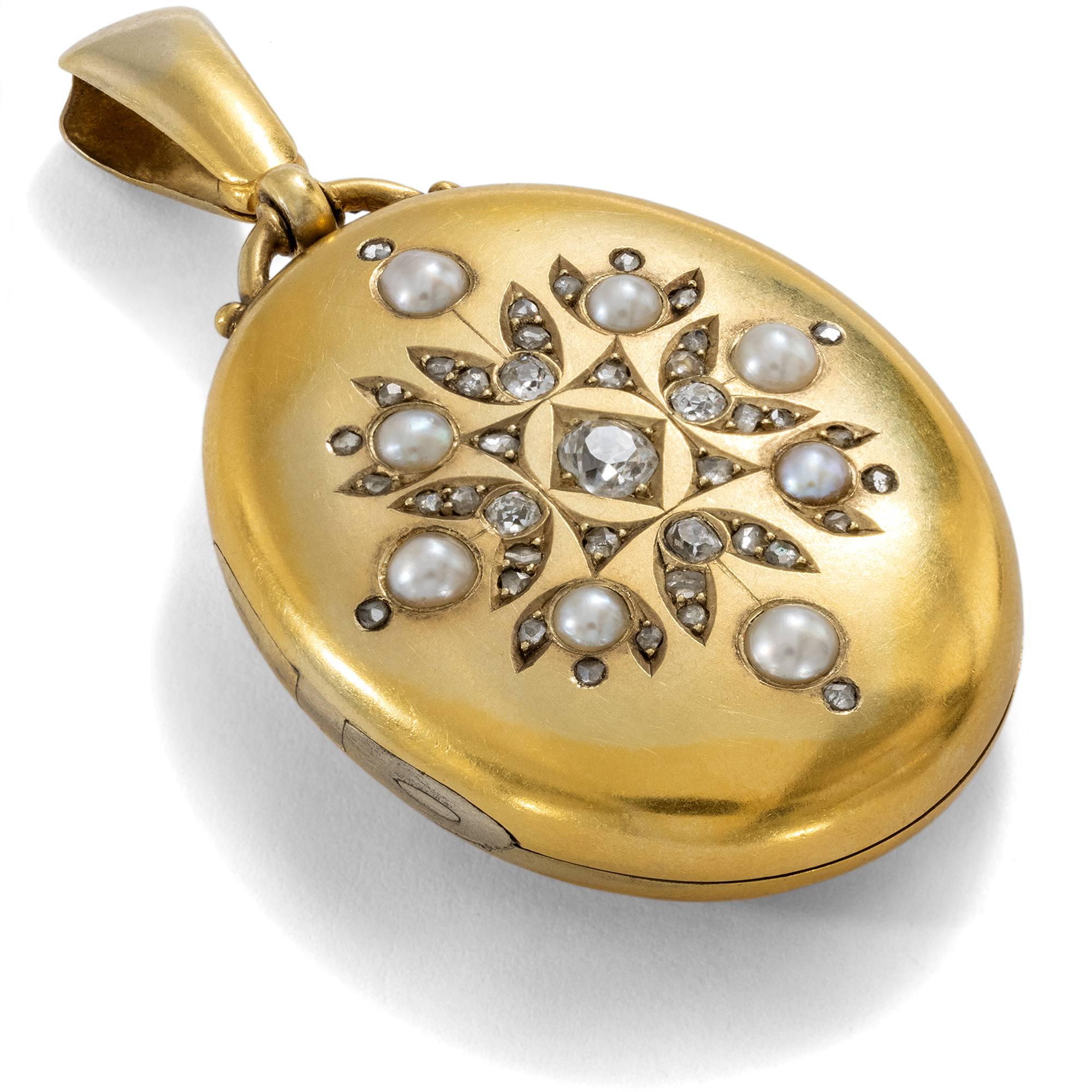 Victorian Gold Locket with Diamonds & Natural Pearls, Inscribed 1882