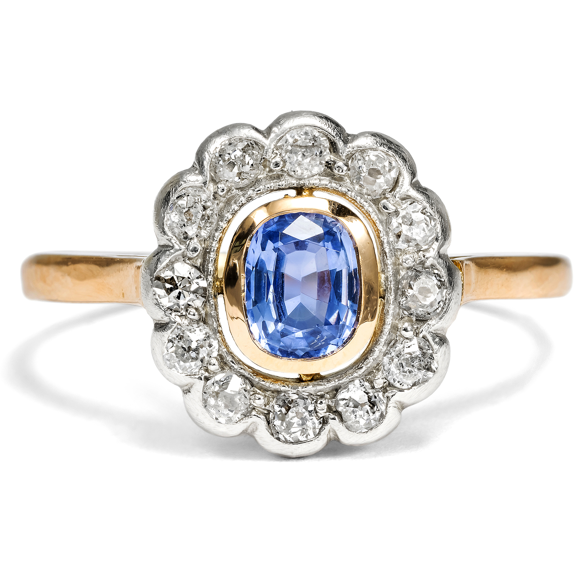 Antique Sapphire & Diamond Ring in Rose Gold & Silver, c. 1900