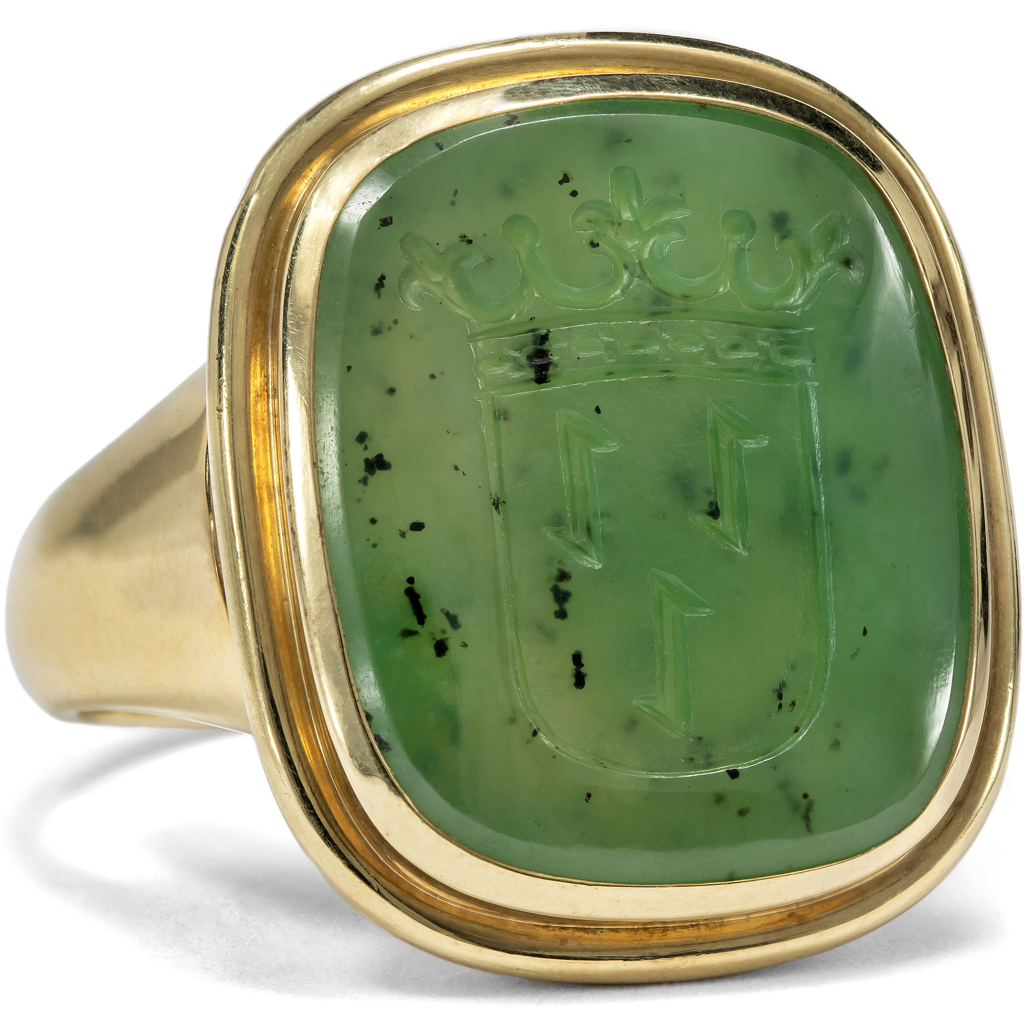 Solid Gold and Nephrite Jade Signet Ring with the Brabeck Coat of Arms, Ulm, c. 1970