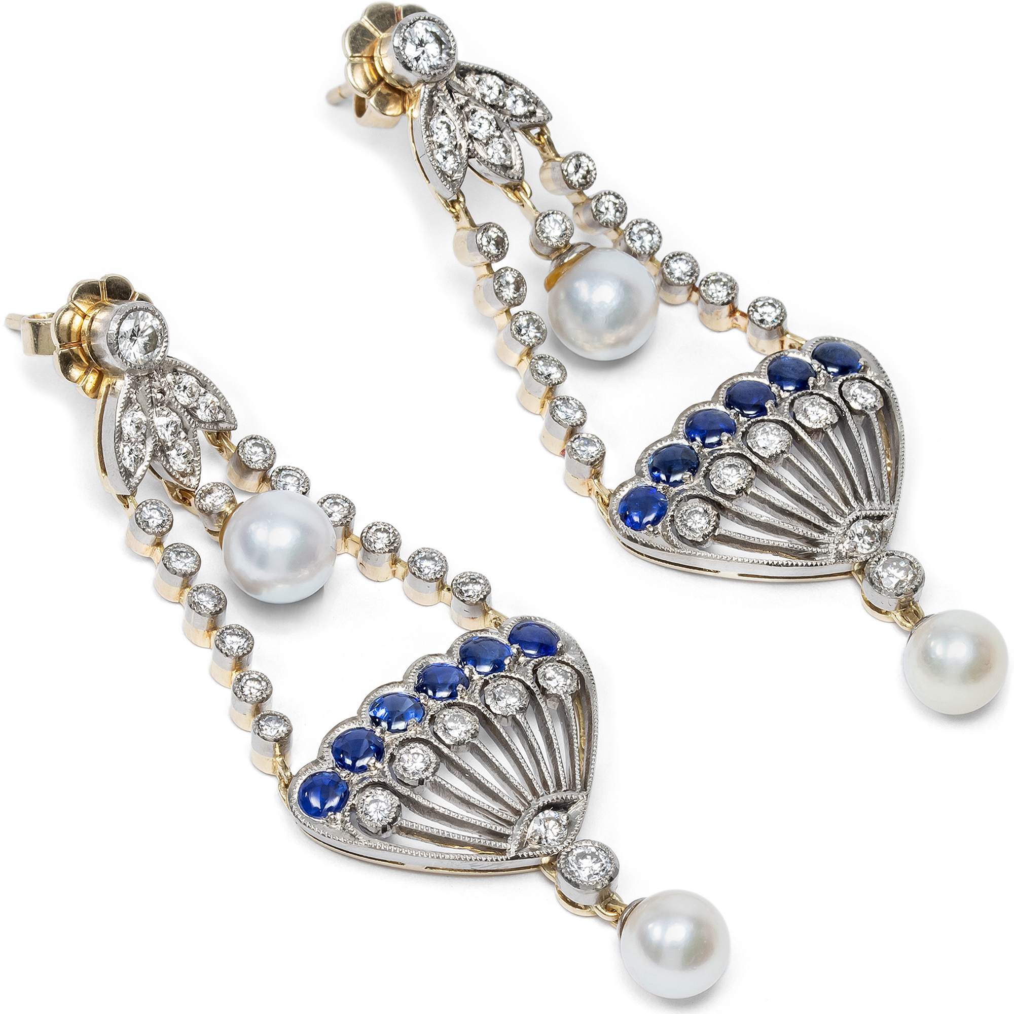 Beautiful Drop Earrings with Sapphire, Diamonds and Pearls, c. 2000