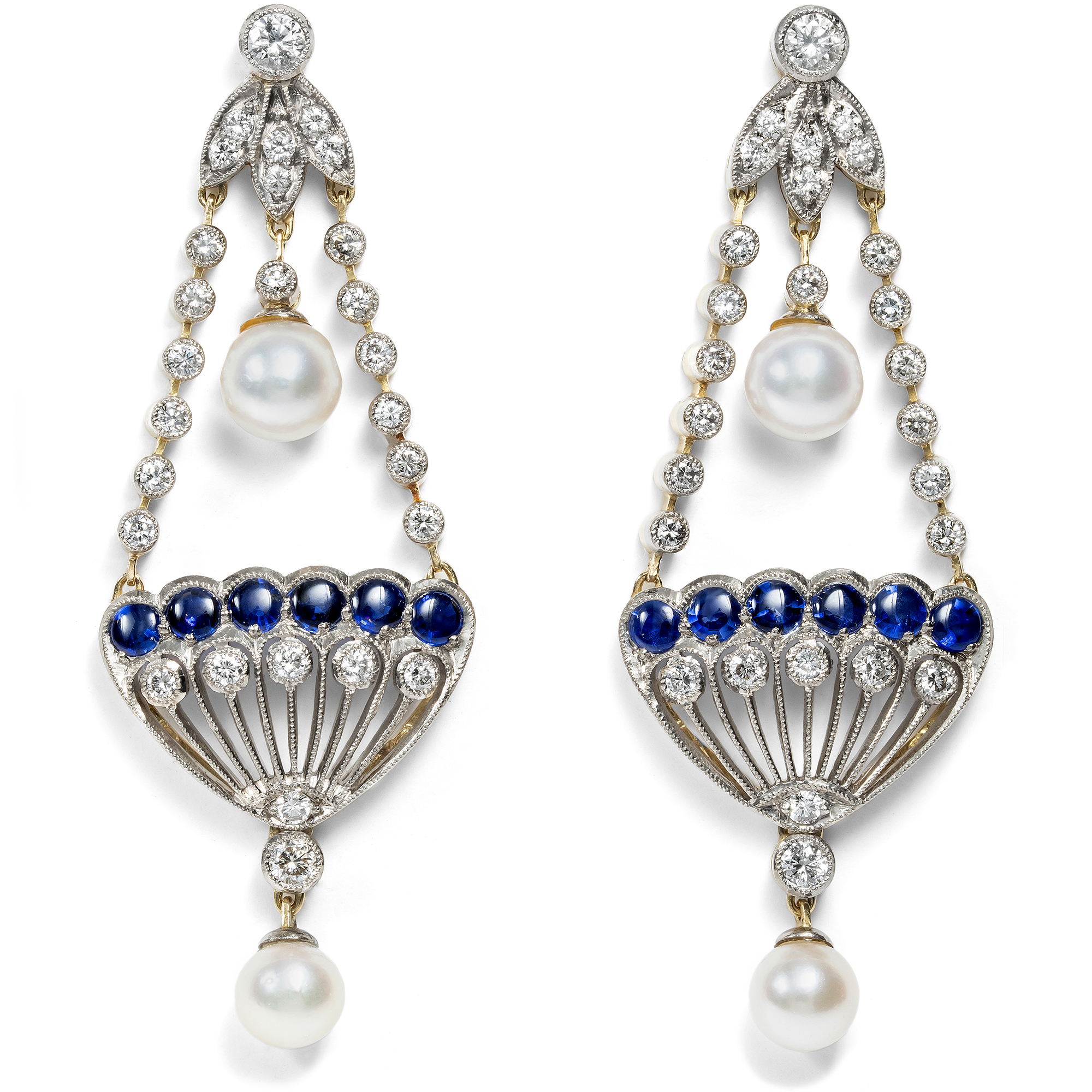 Beautiful Drop Earrings with Sapphire, Diamonds and Pearls, c. 2000