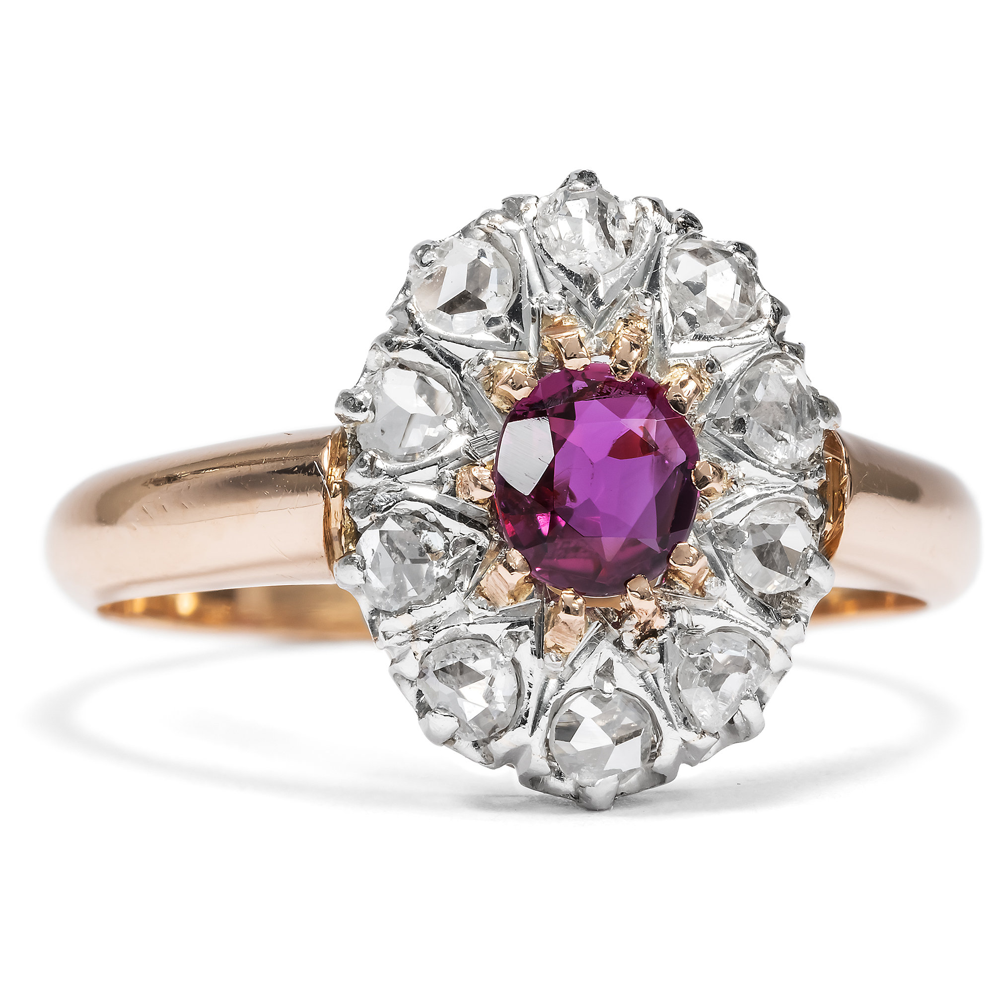 Antiker Ring mit Rubin & Diamantrosen in Rotgold & Platin, um 1900